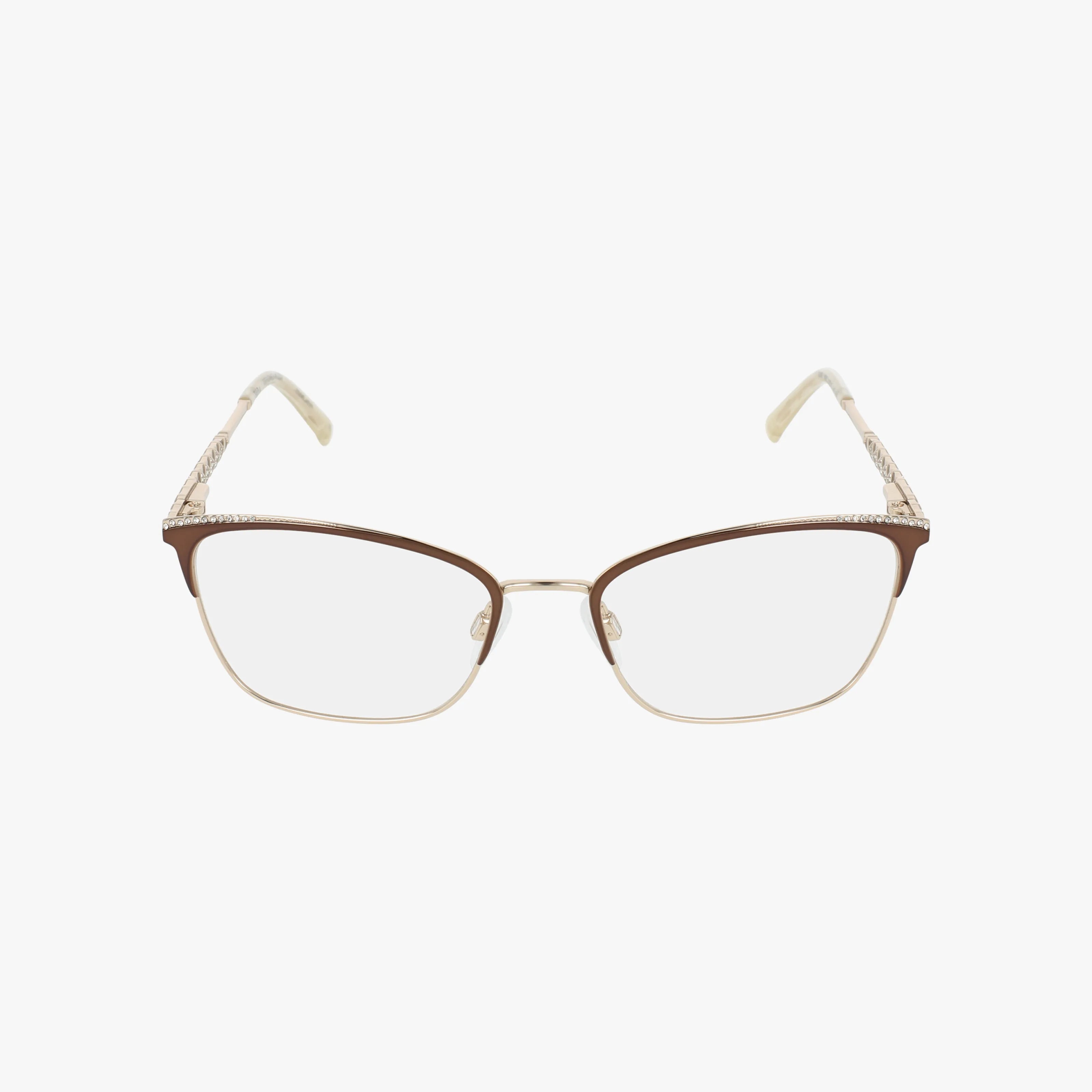 The TE292 eyeglasses feature thin brown-and-gold rectangular frames, clear lenses, and patterned temple arms, shown against a white background.