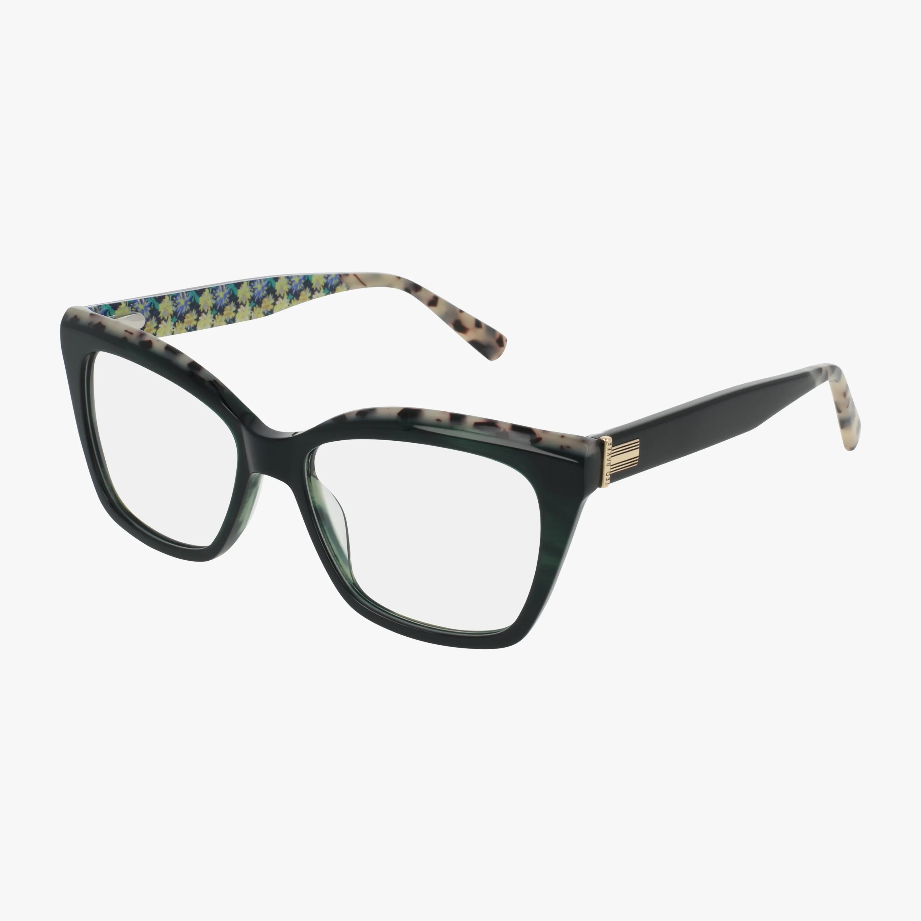 The TW022 eyeglasses feature a green and black square frame with transparent lenses, polished finish, tortoiseshell-patterned arms, and a floral interior design.