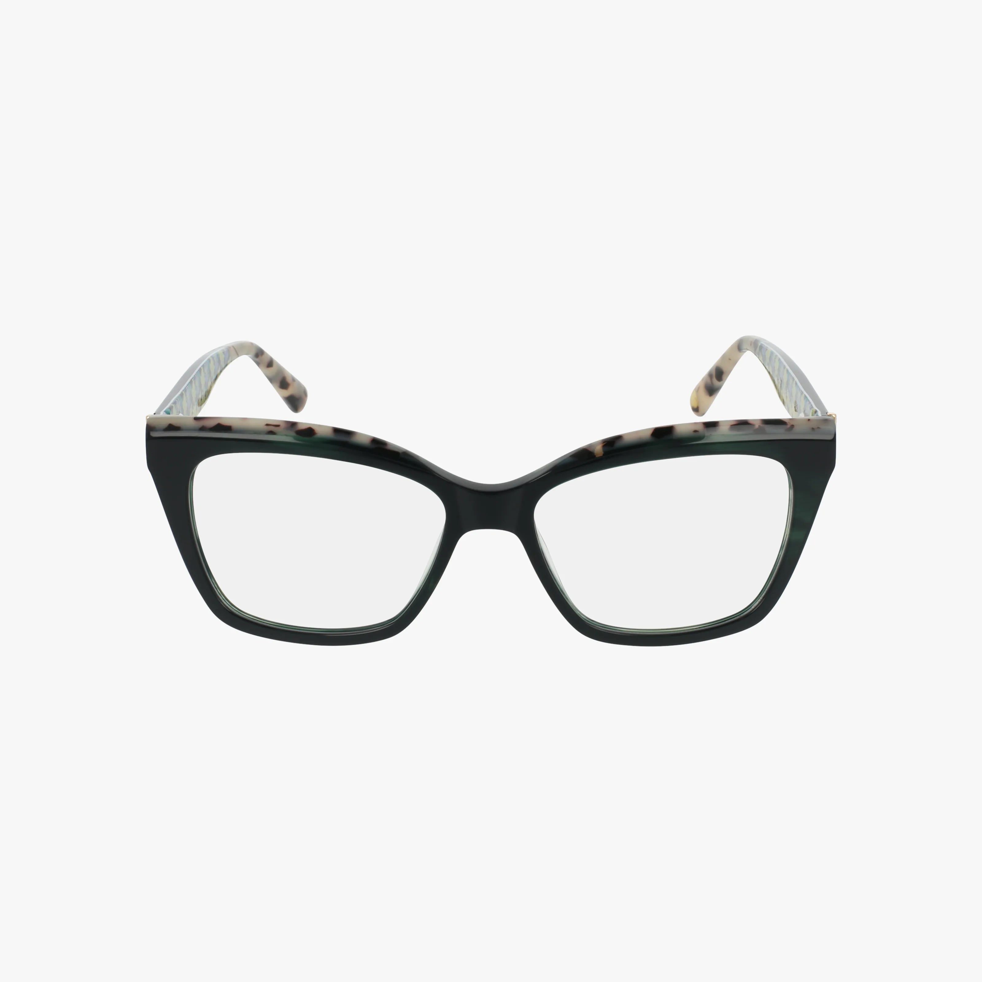 Front view of TW022, black cat-eye eyeglasses with a polished frame, clear lenses, and stylish patterned arms blending light and dark tones.