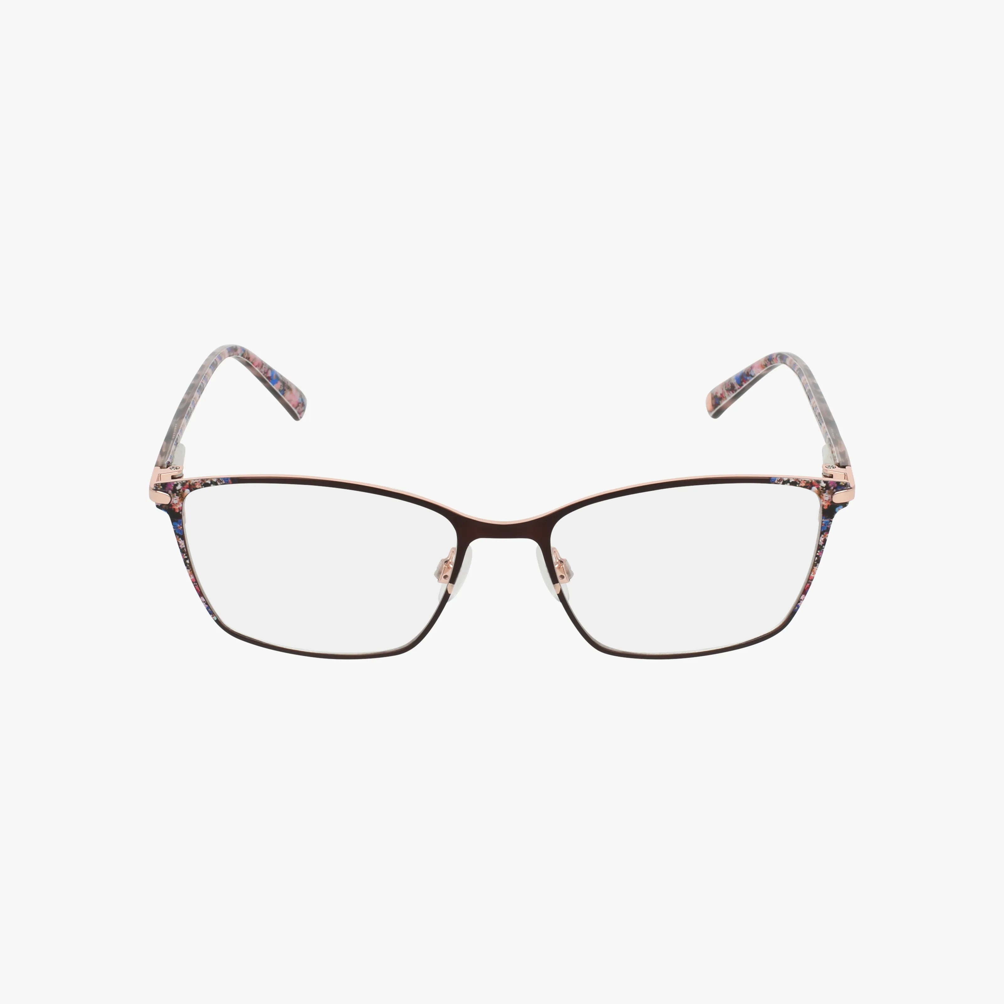 The TW527 eyeglasses feature prescription lenses, rectangular thin brown metal frames, and patterned temple arms with pink and purple accents, shown on a white background.