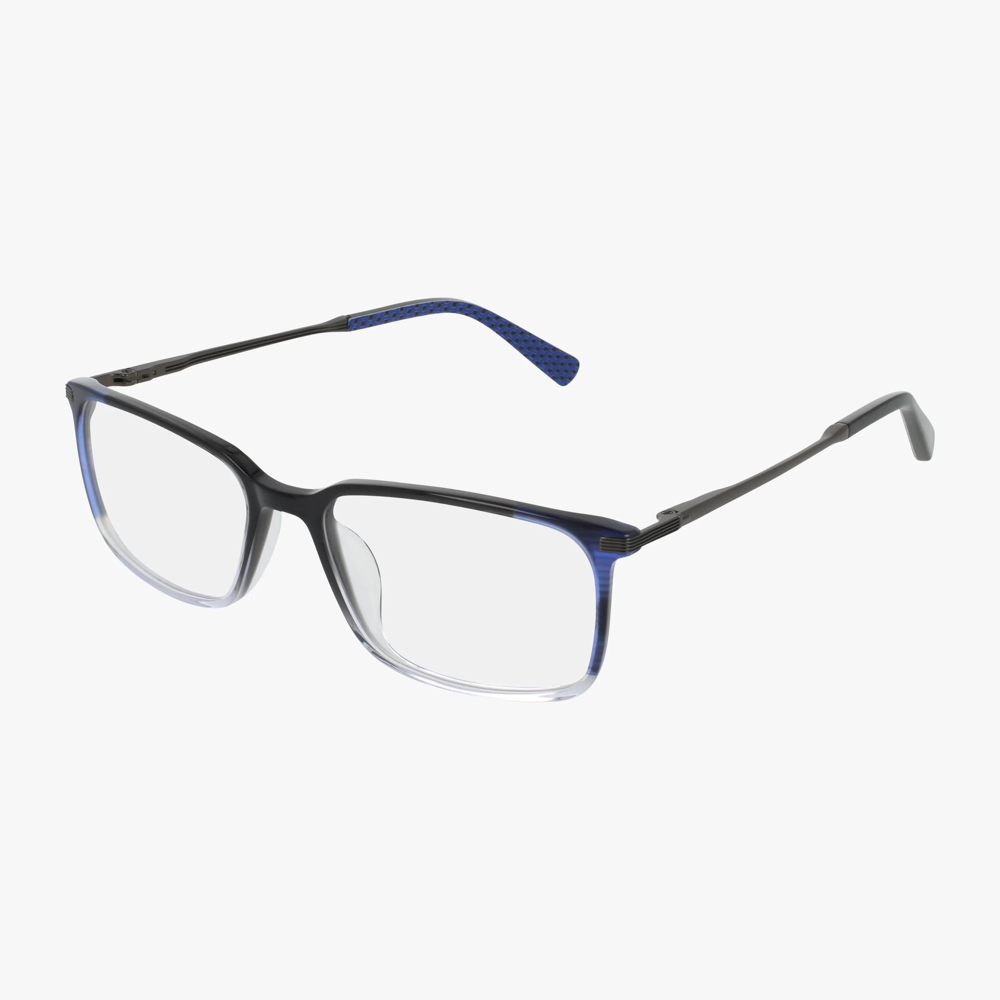 TMUF008 features rectangular eyeglasses with clear lenses, a gradient black-to-blue front, black metal arms, and blue inner arm tips for a classic look with modern appeal.