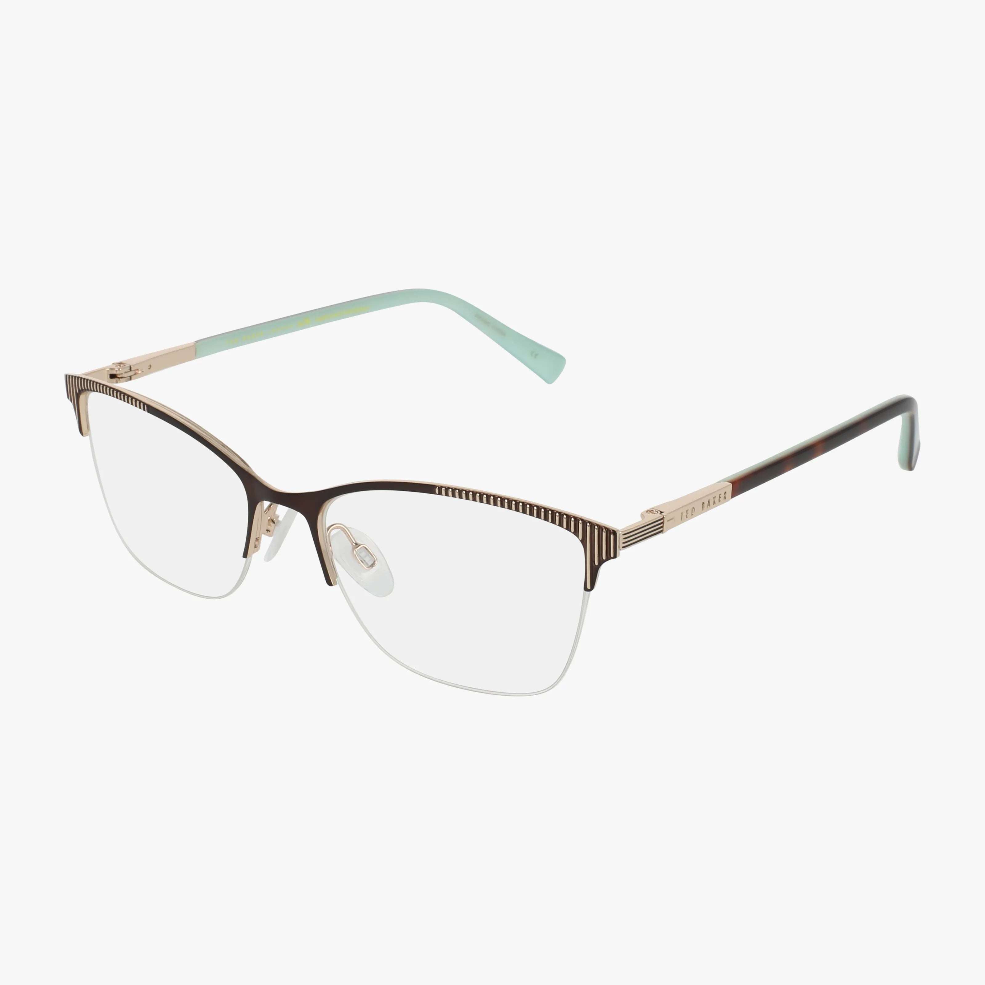 The TW532 eyeglasses feature a contemporary thin gold and brown metal frame, clear lenses, and light teal temple tips—perfect for daily wear—shown on a white background.