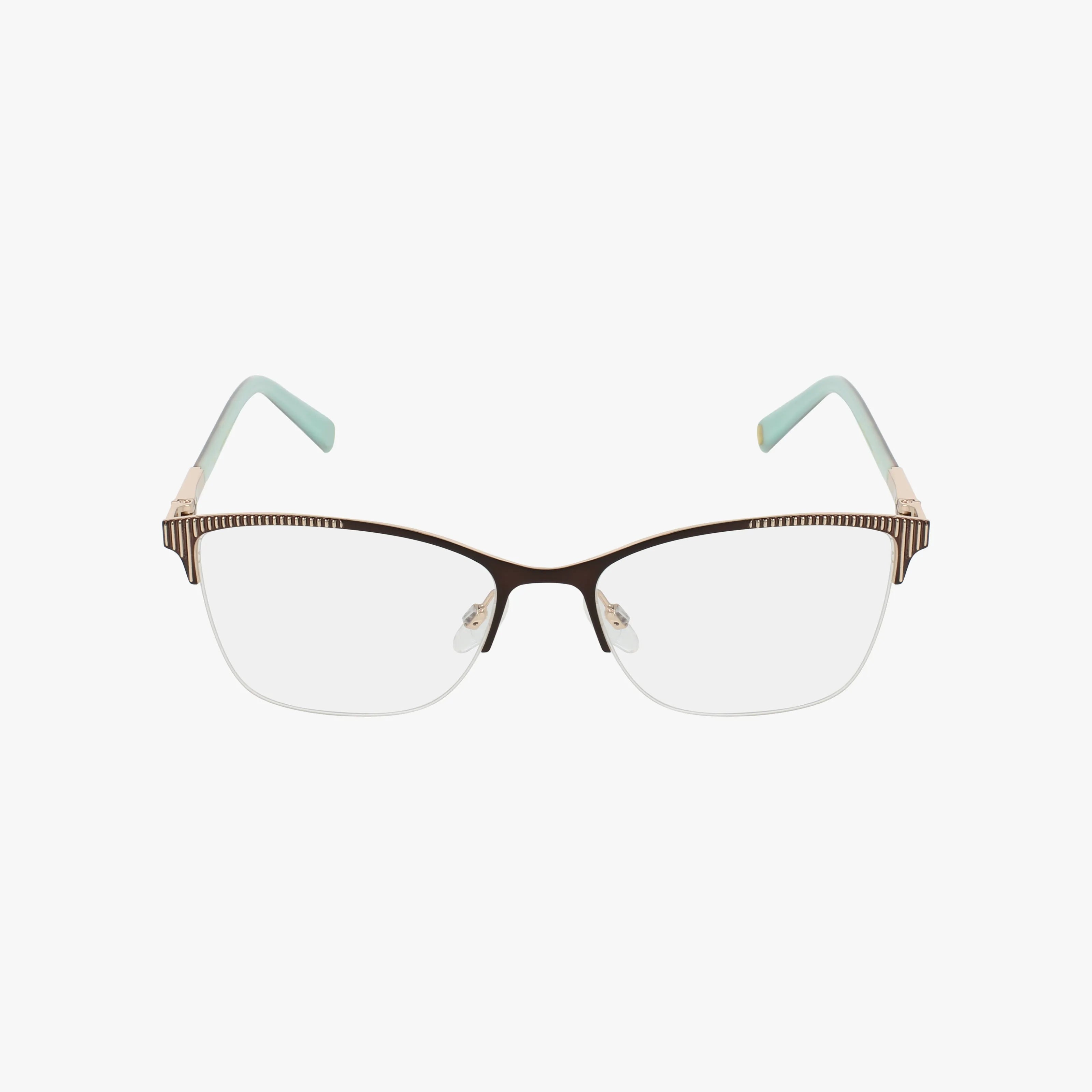 The TW532 features thin-rimmed rectangular brown frames, gold temple accents, and mint green arm tips—a modern style ideal for daily wear, displayed against a white background.