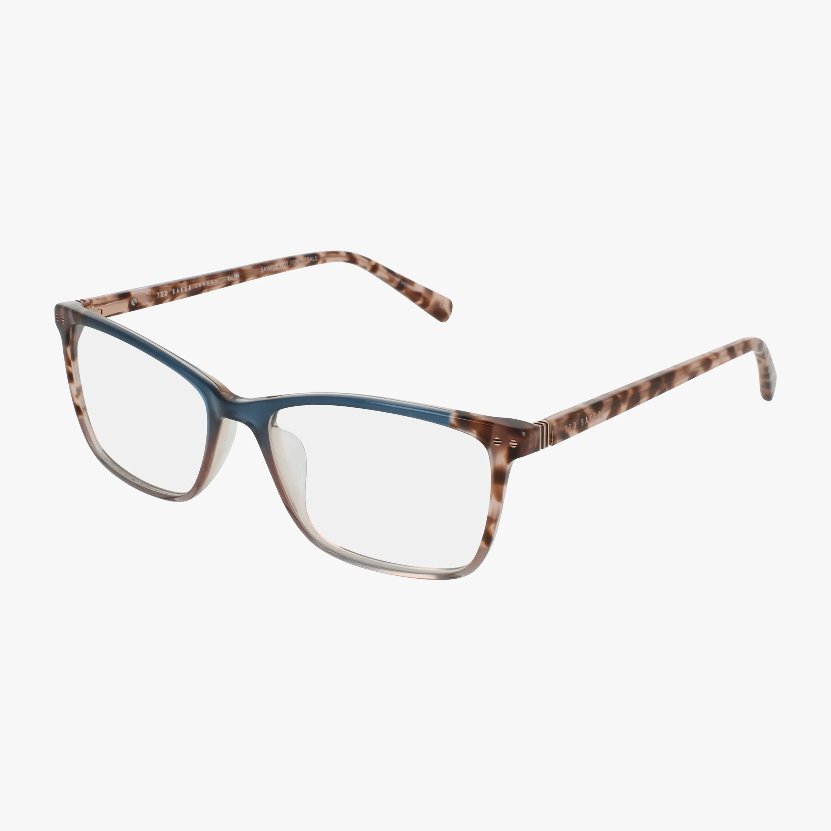 The TWUF009 eyeglasses feature rectangular blue light lenses, blue gradient front frames, and brown tortoiseshell-patterned arms, shown at an angle on a white background—ideal for daily wear.