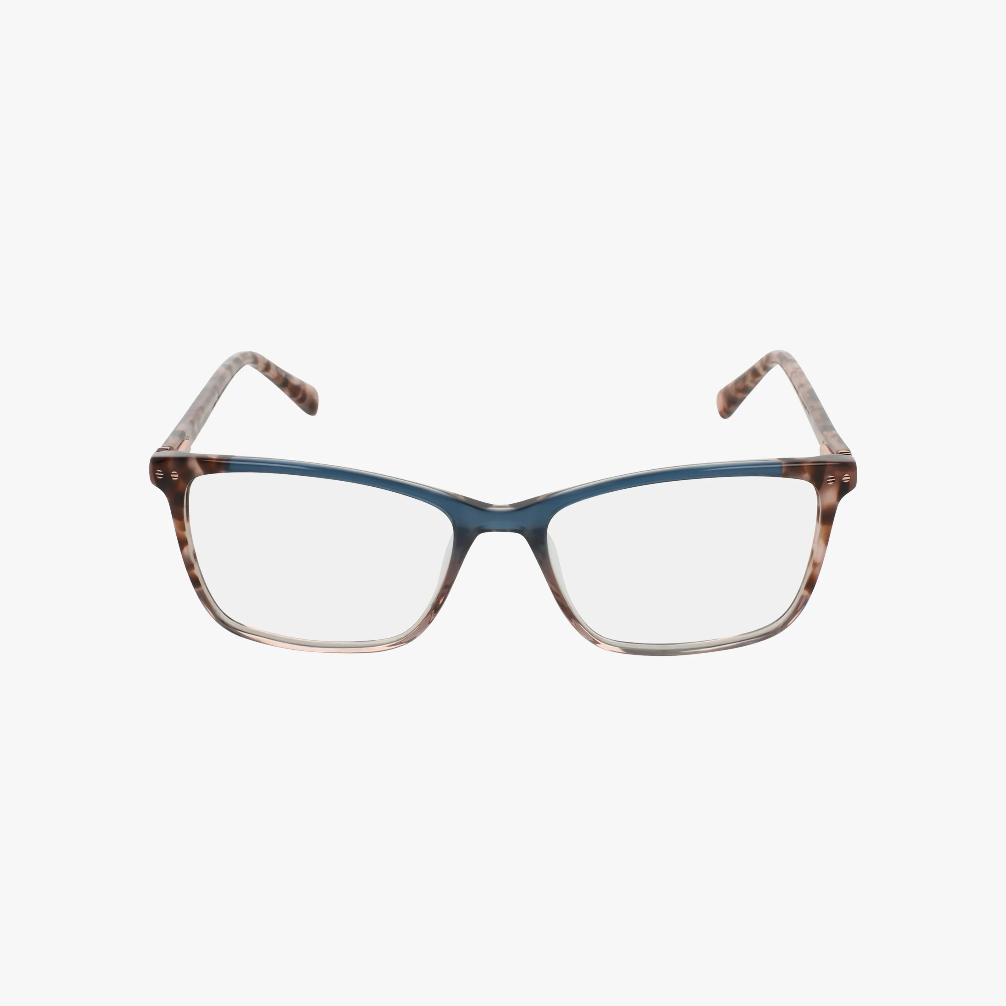 TWUF009 is a pair of lightweight eyeglasses featuring rectangular lenses and a blue top frame that fades into light brown tortoiseshell sides—ideal for everyday wear.