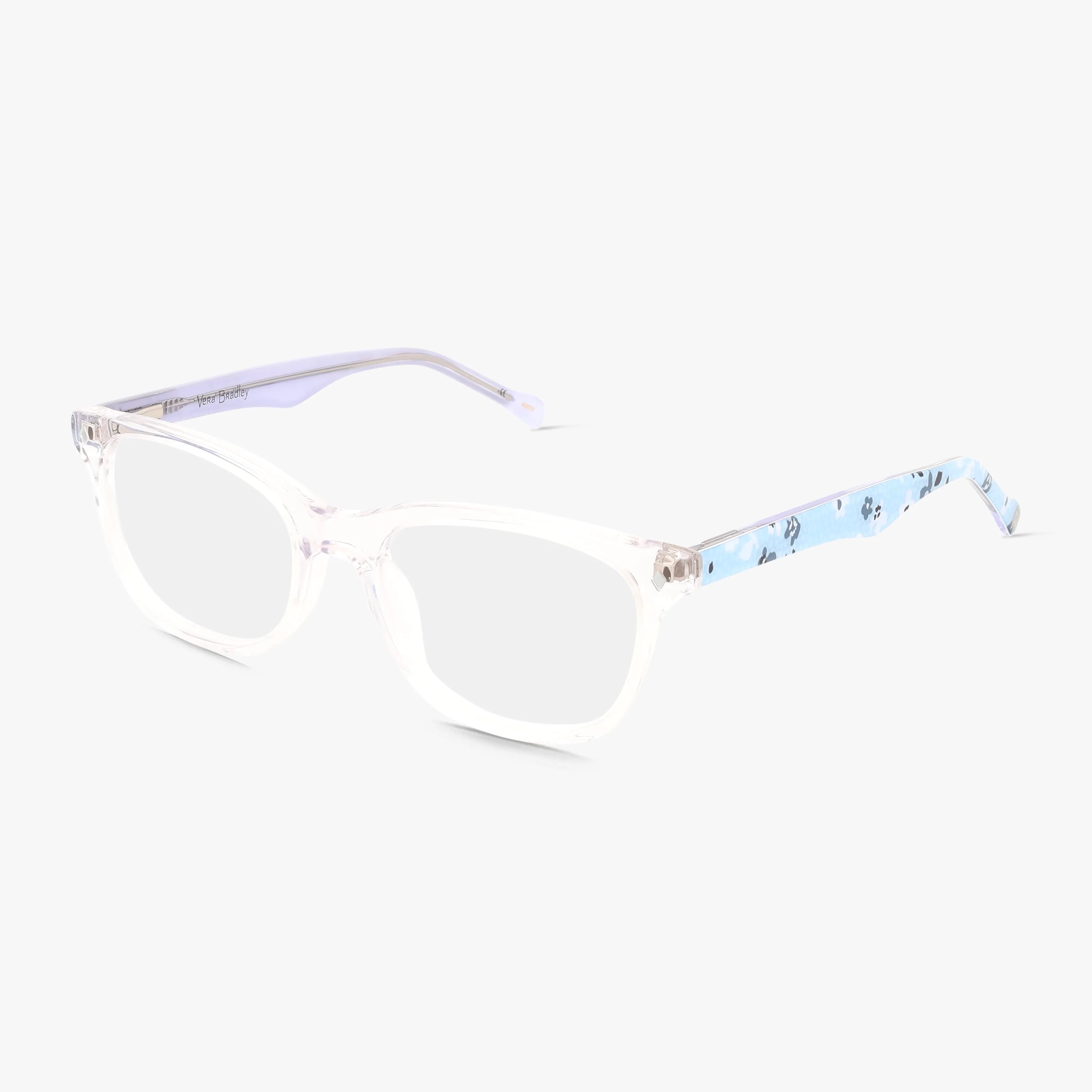 MERIT features translucent rectangular eyeglasses designed for a sharp look. The gradient frame goes from clear at the front to light blue with subtle black spots on the temples, complemented by lavender inner arms.