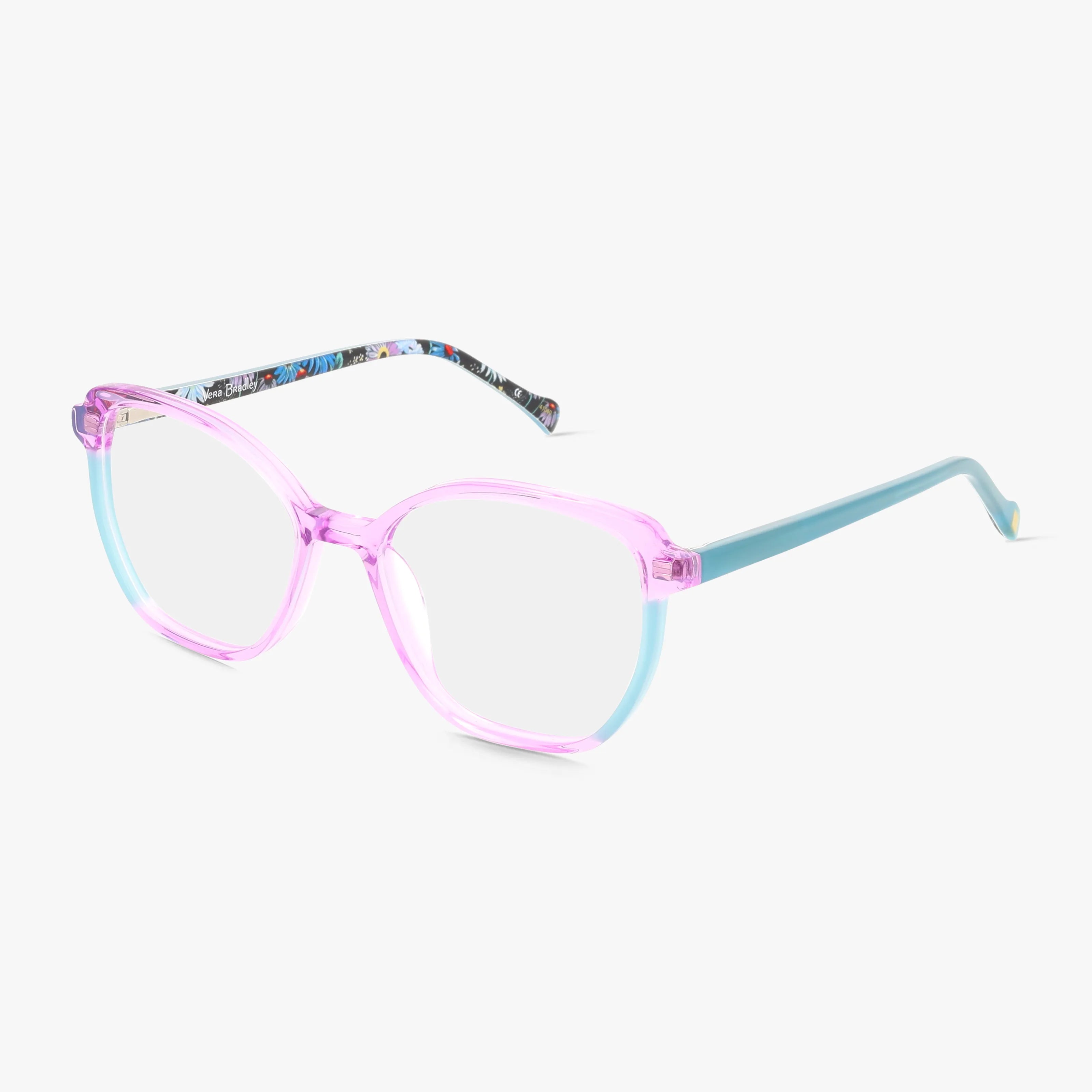 KIENNA eyeglasses feature large, round frames with pink tops and light blue bottoms. Their temples have a colorful abstract pattern on the inside, ideal for those aiming for Head of the Class.