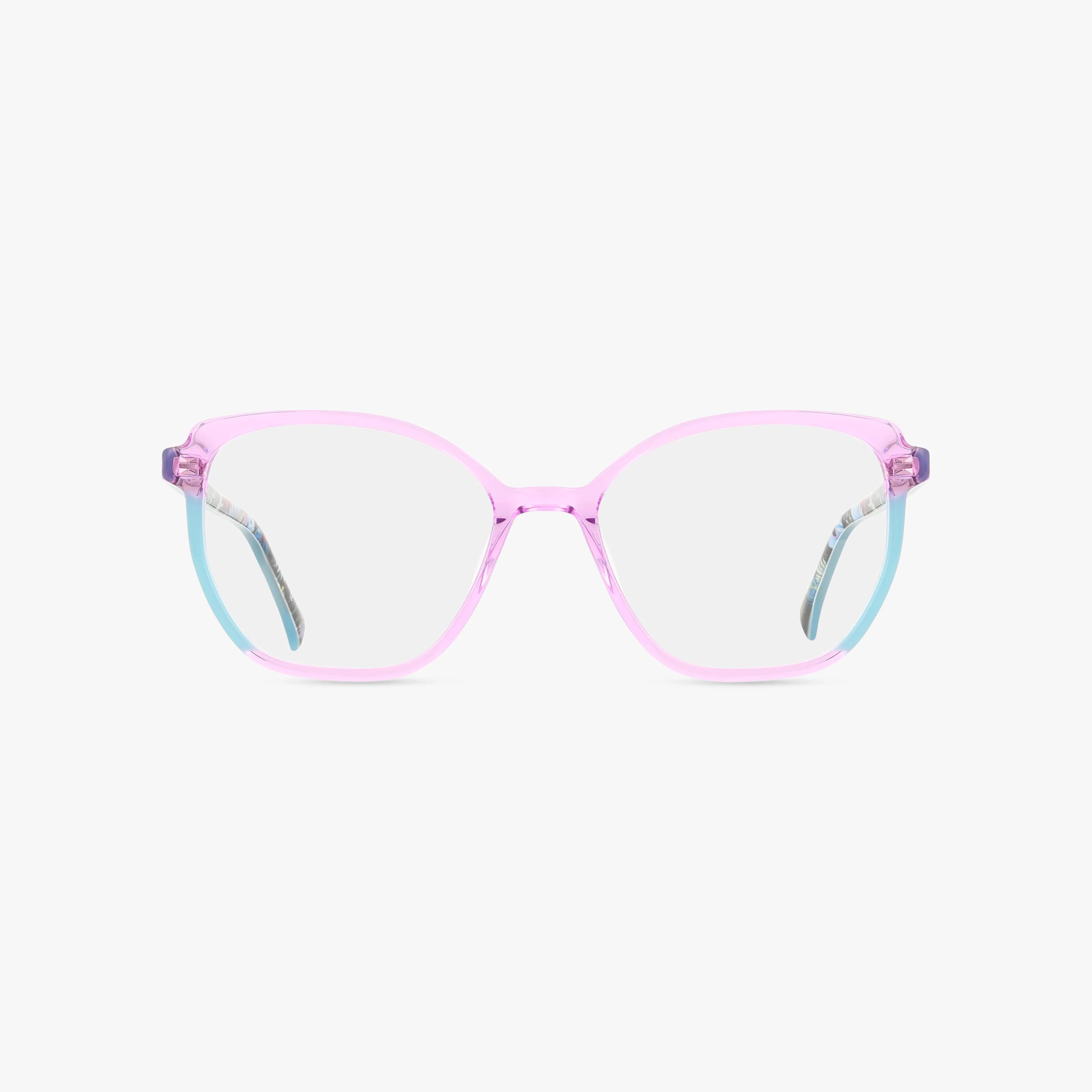 KIENNA eyeglasses feature a translucent pink frame, clear lenses, light blue lower rim accents, and multicolored temple tips—perfect for standing out as Head of the Class. Shown on a plain white background.