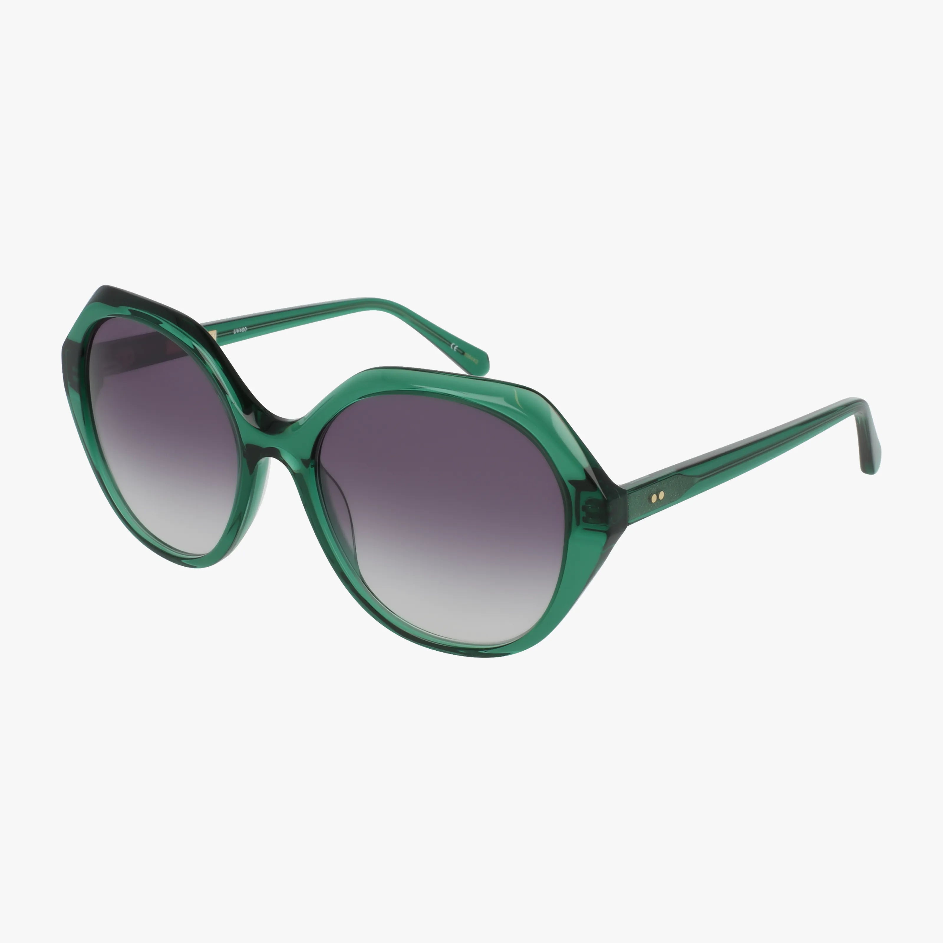 The ANIMAS sunglasses feature an oversized round shape in green with gradient dark lenses and gold accents on the temples, displayed against a plain white background.