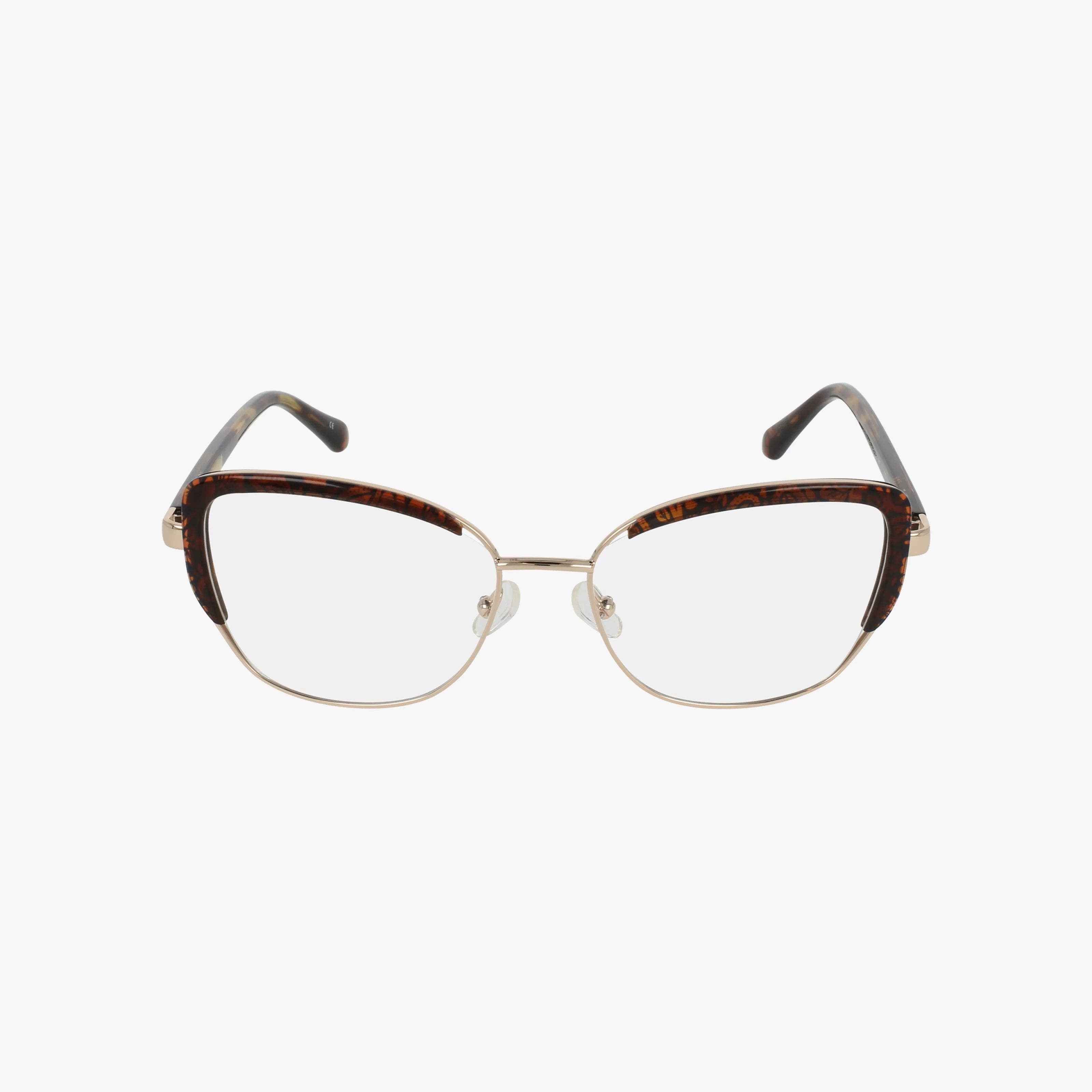 THELON eyeglasses feature a thin gold metal frame, brown tortoiseshell accents on the upper rims, and black arms. Shown on a white background.