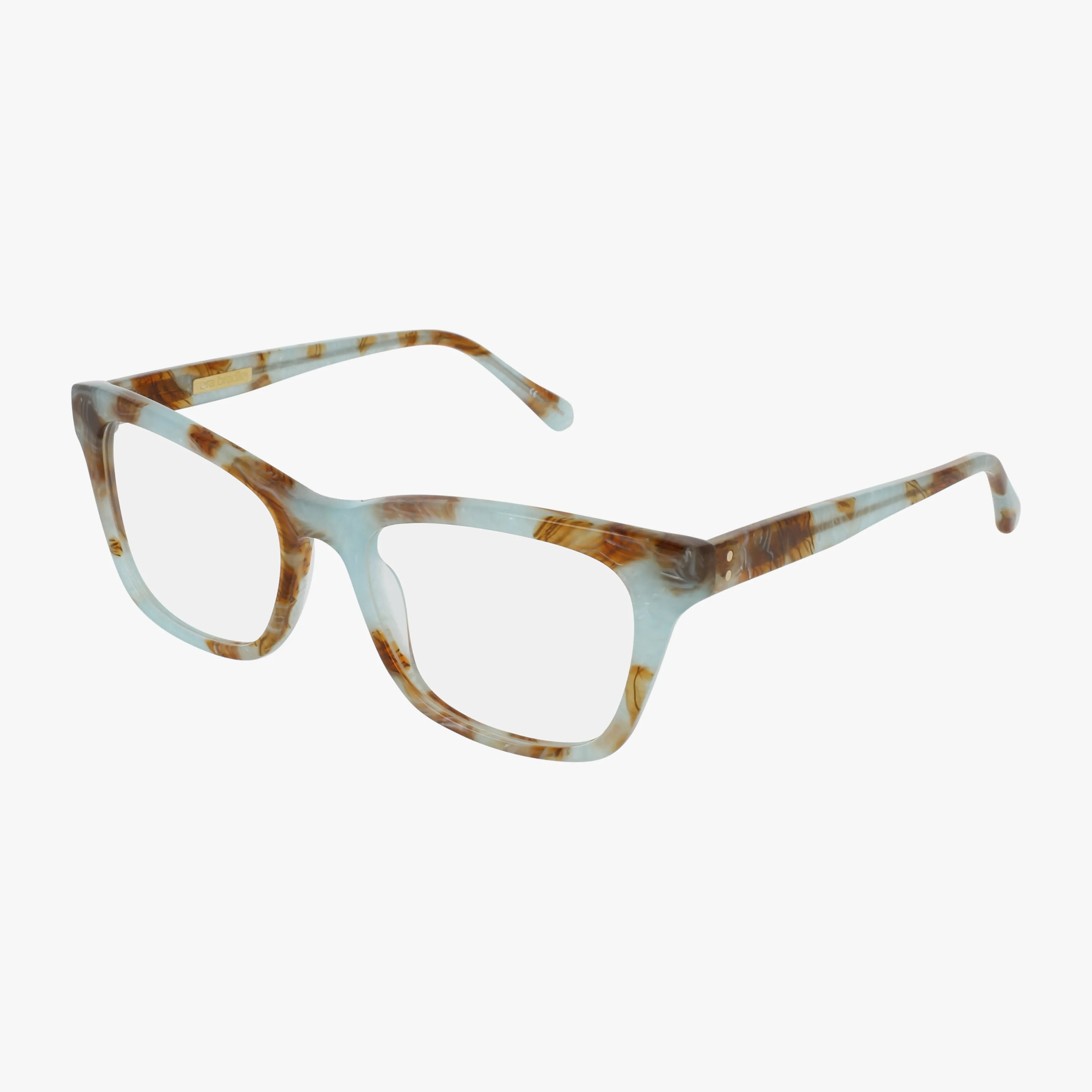 SEVERN rectangular eyeglasses feature a translucent frame with a blend of light blue and brown tortoiseshell, shown against a white background.