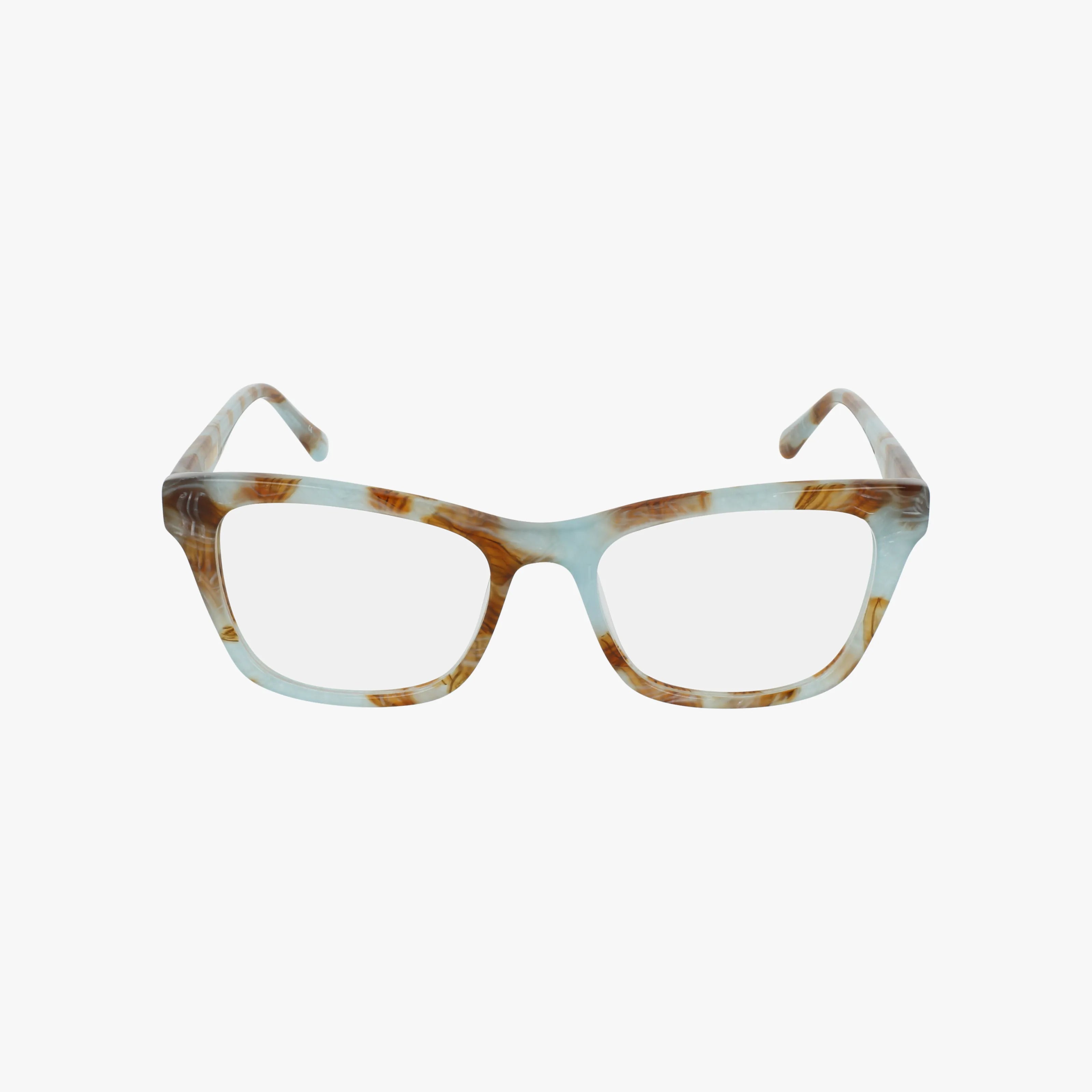 The SEVERN eyeglasses feature rectangular lenses and a marbled frame in light blue and brown tones, shown on a white background.