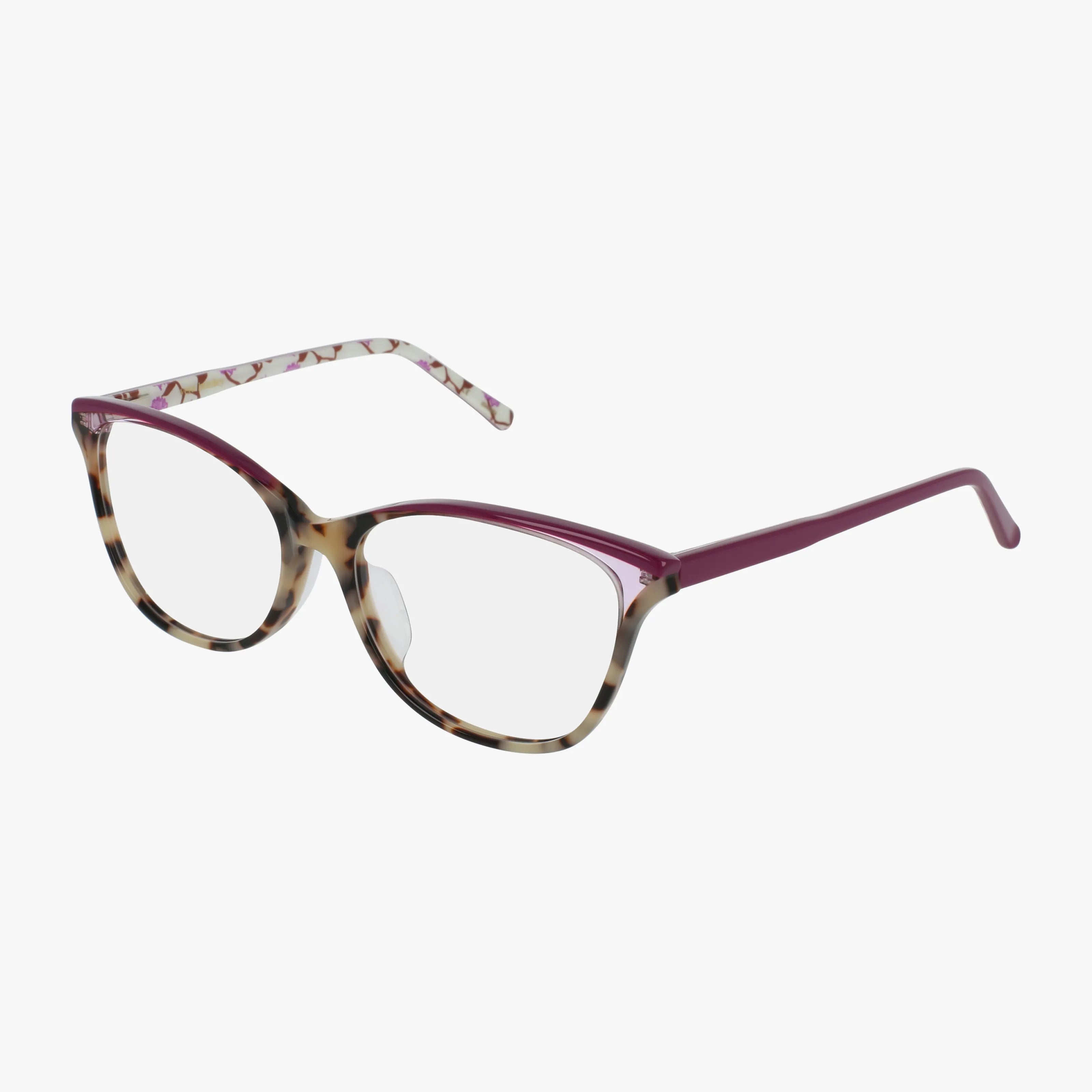 The TAUNTON eyeglasses feature a cat-eye shape with a tortoiseshell front, maroon arms, patterned inner sides, and clear lenses, all displayed on a white background.