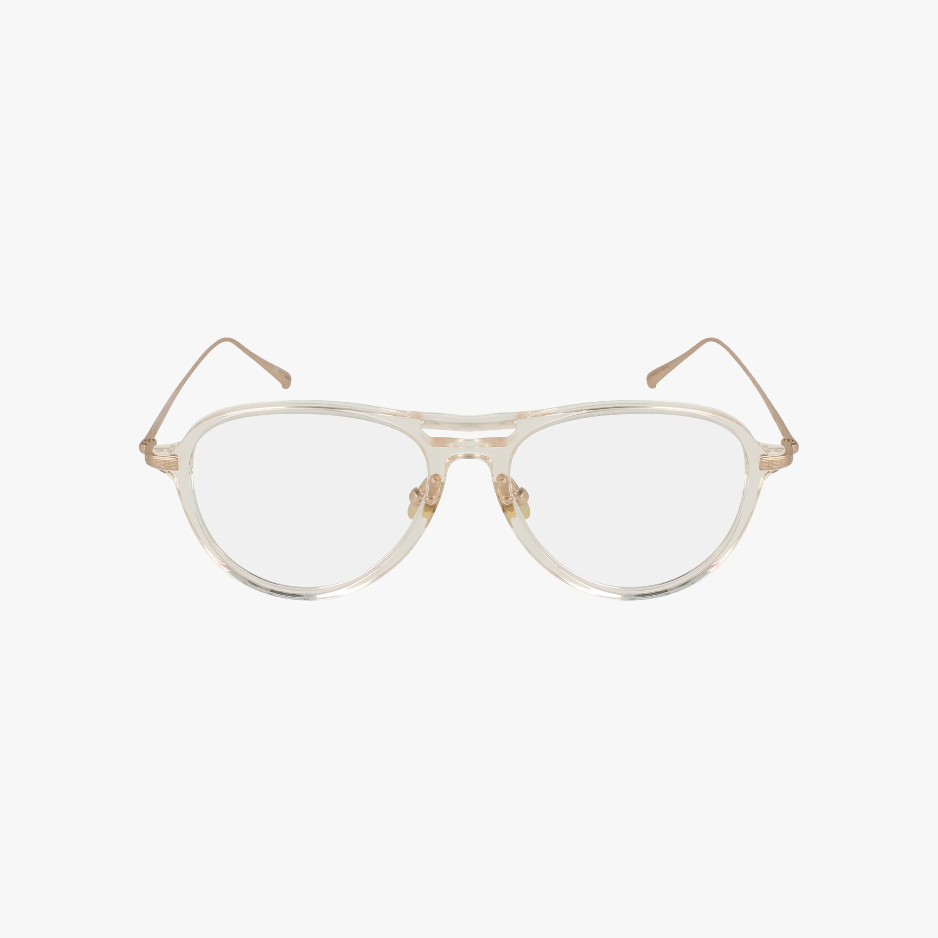 VENTURA clear-framed aviator eyeglasses feature gold metal temples and nose pads, shown against a white background.