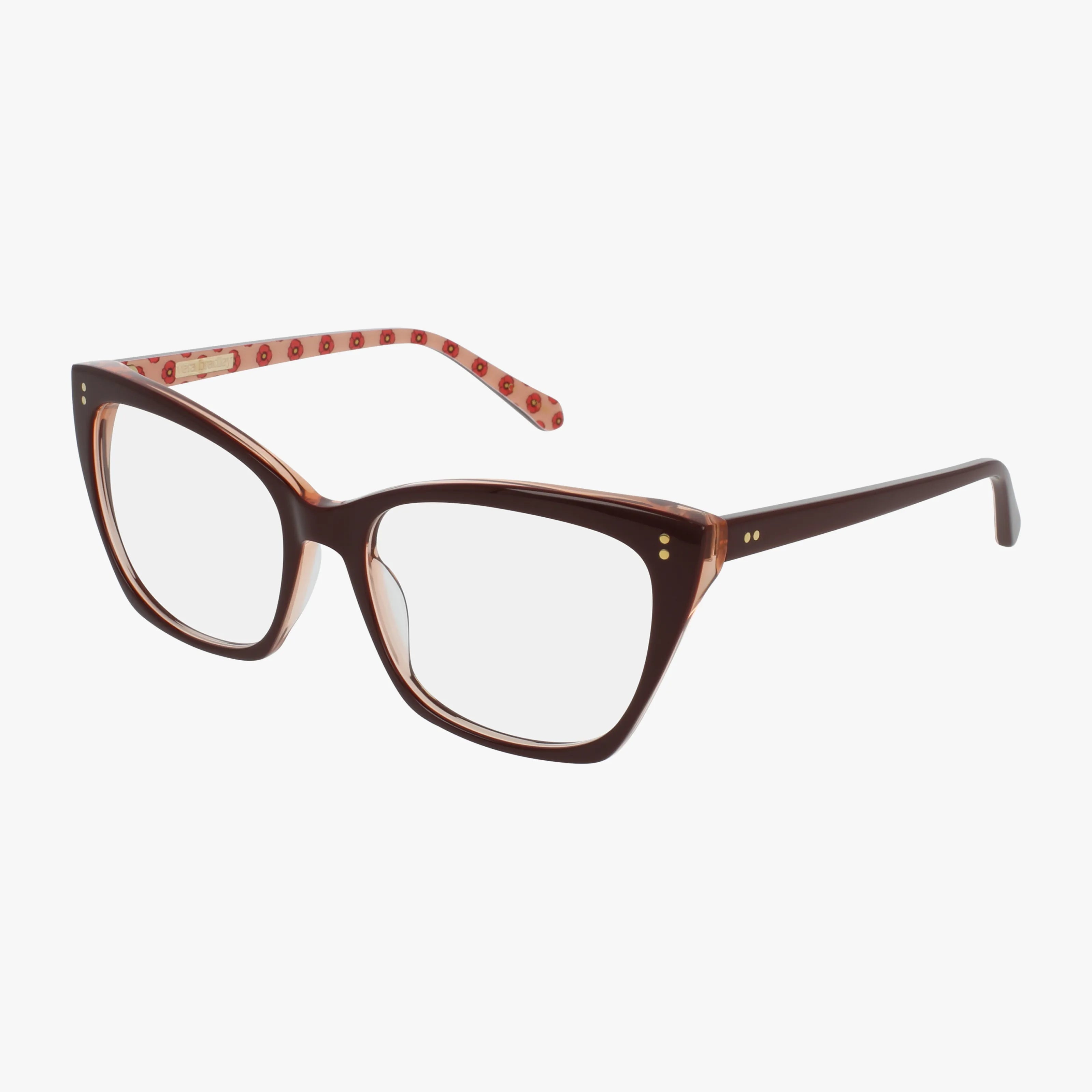 The TIVOLI eyeglasses feature a brown cat-eye frame with clear lenses, gold accents at the front corners, and red-patterned inner arms, shown against a white background.