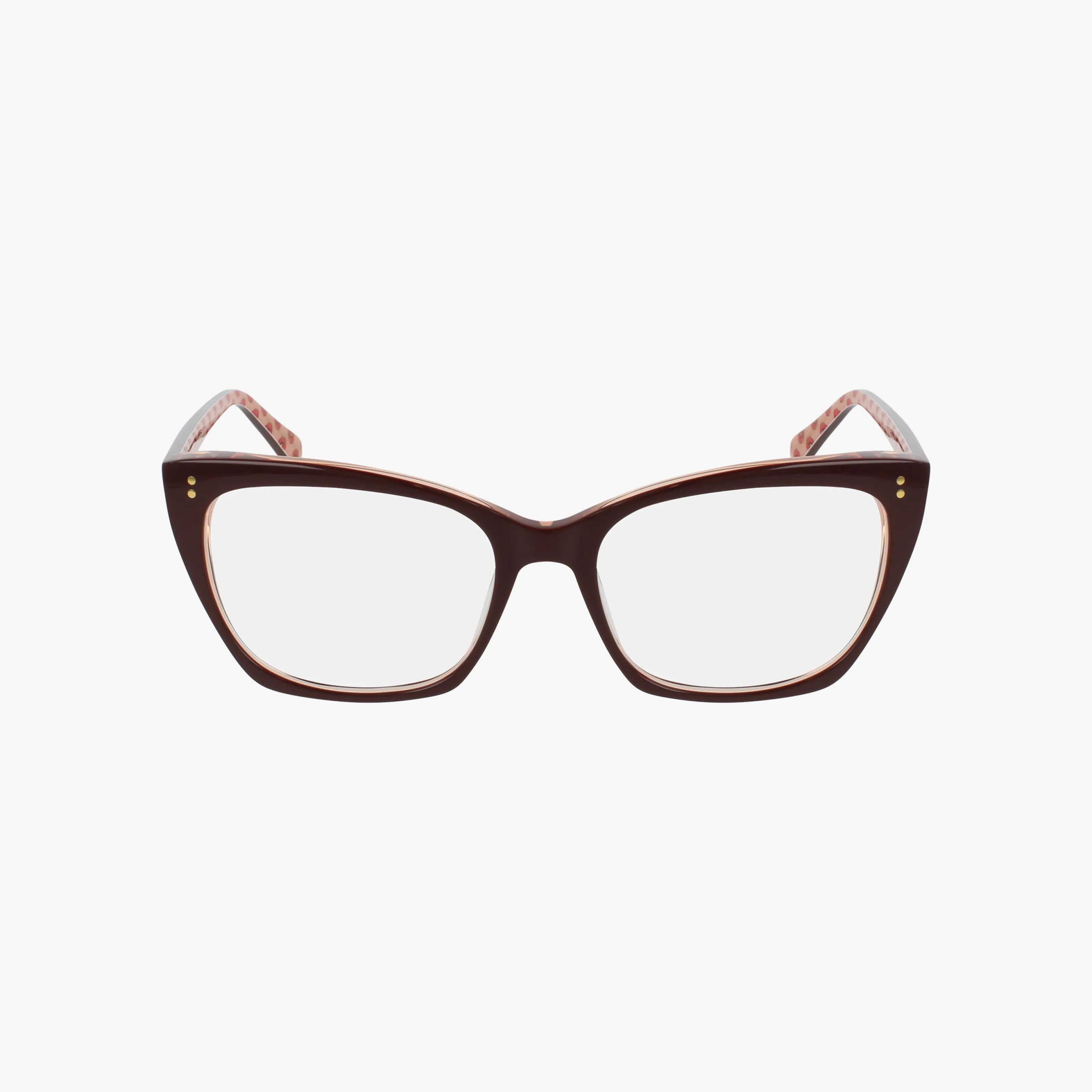 Front view of TIVOLI brown cat-eye eyeglasses with clear lenses, gold upper-corner accents, and pink and white patterned inner arms on a white background.