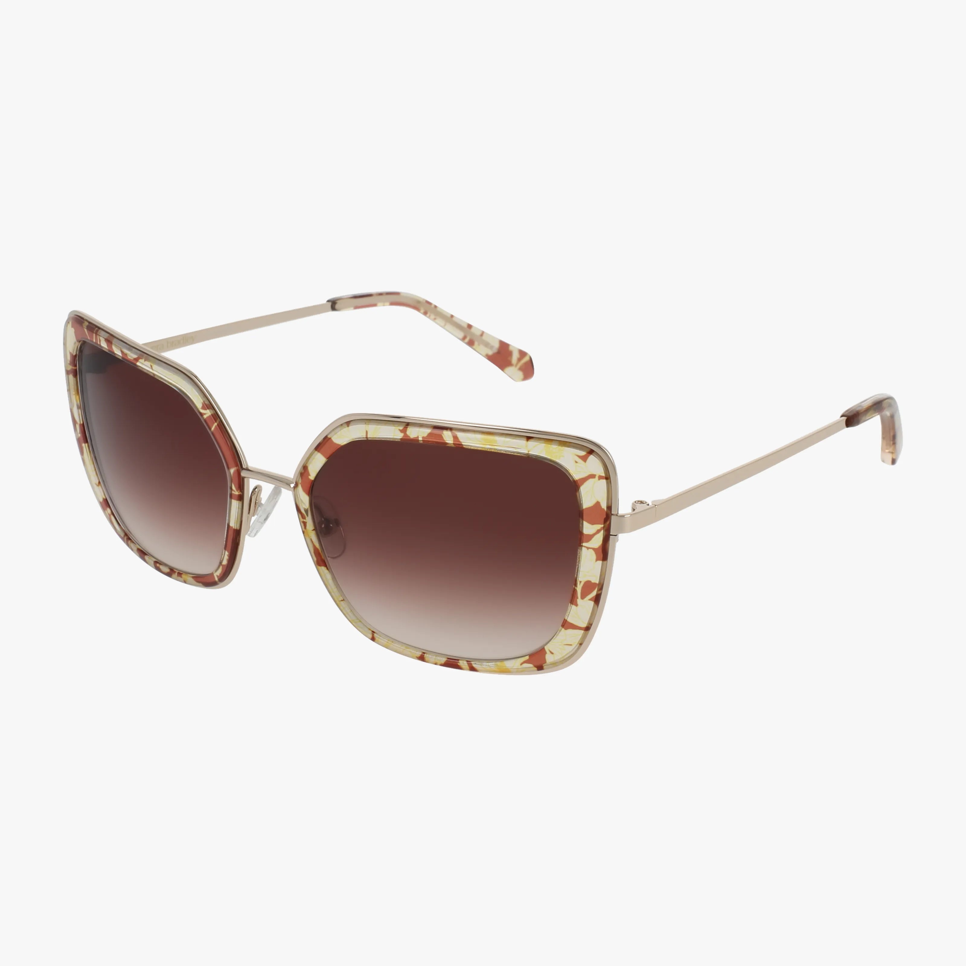GEORGETTE square-framed sunglasses feature a marbled cream, yellow, and brown frame, gold metal arms, and brown gradient lenses. Set against a plain white background.