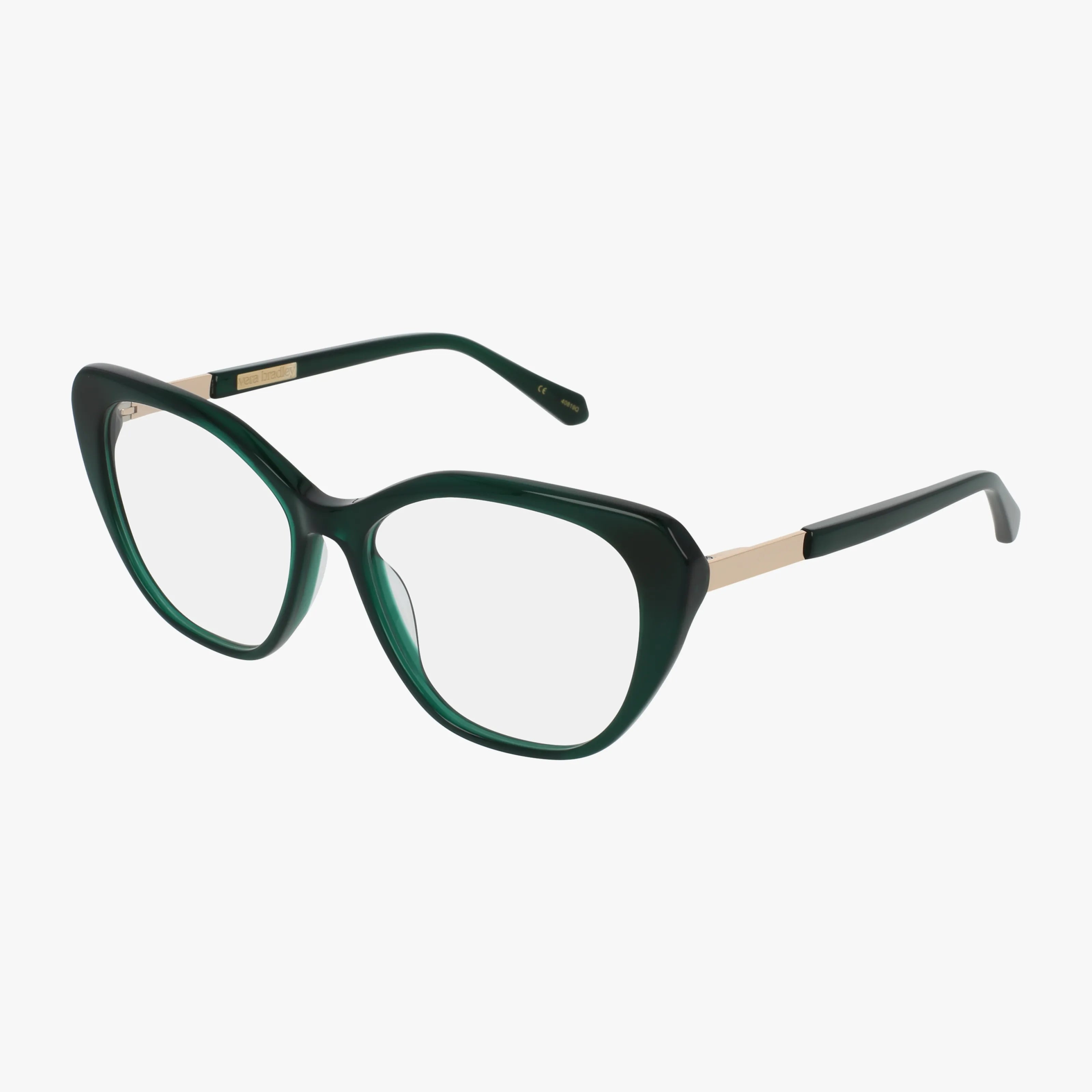 LEYTON: Cat-eye eyeglasses in dark green with clear lenses and gold-accented temples, displayed on a plain white background.