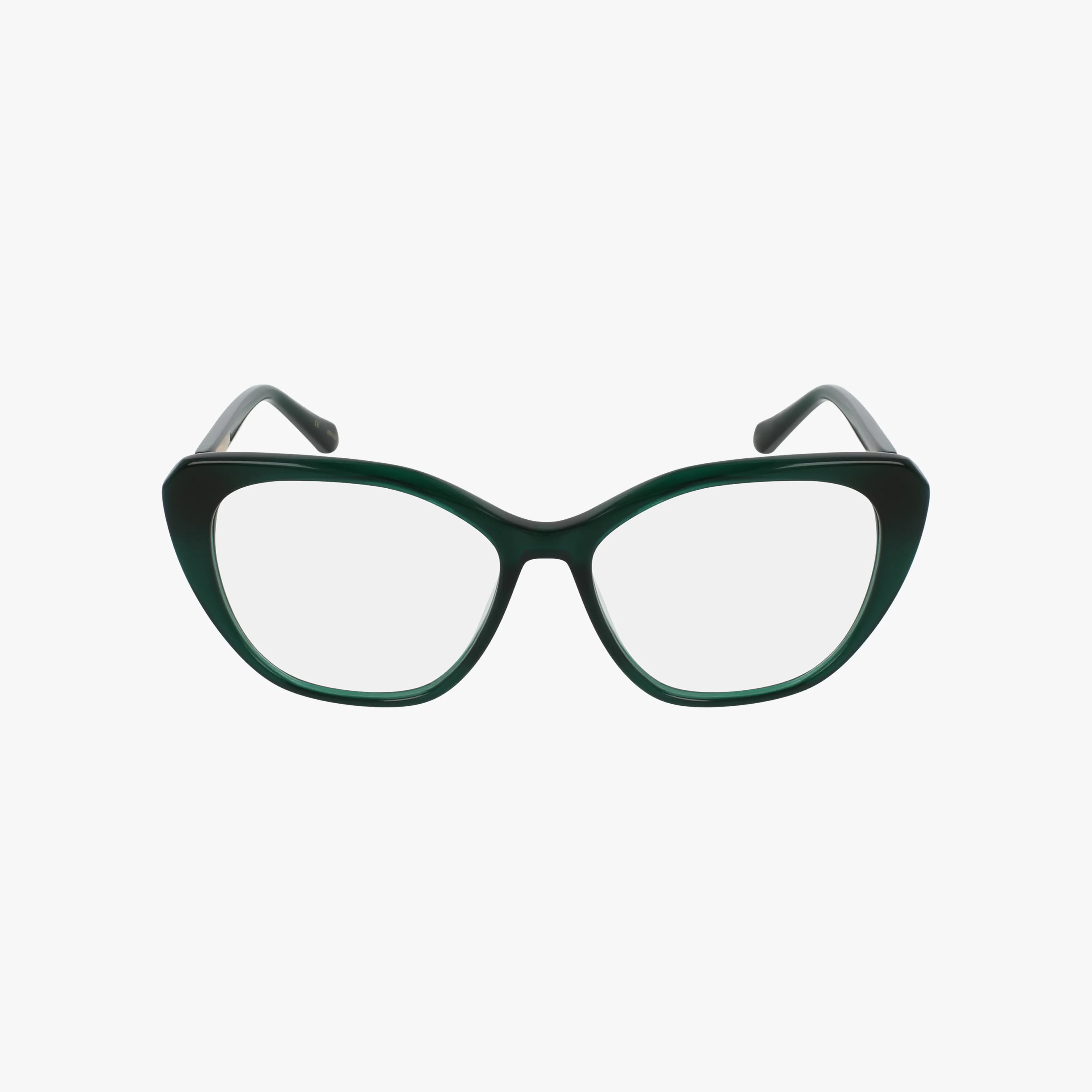 LEYTON cat-eye eyeglasses feature dark green thick frames and clear lenses, displayed against a plain white background.
