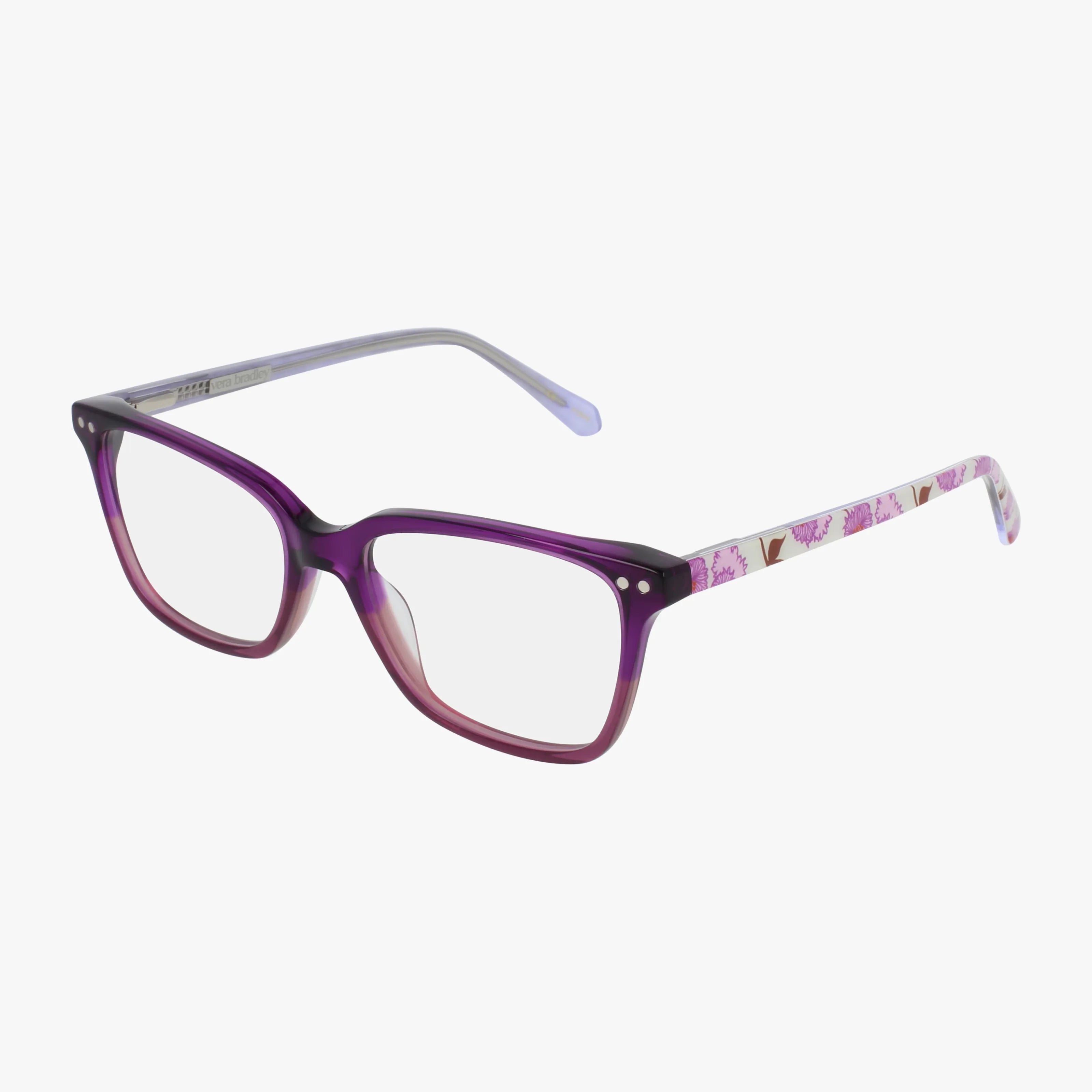 LEXIE: Rectangular eyeglasses with a purple-to-pink gradient frame, clear lenses, and temples adorned with a floral pattern featuring pink blossoms and brown branches.