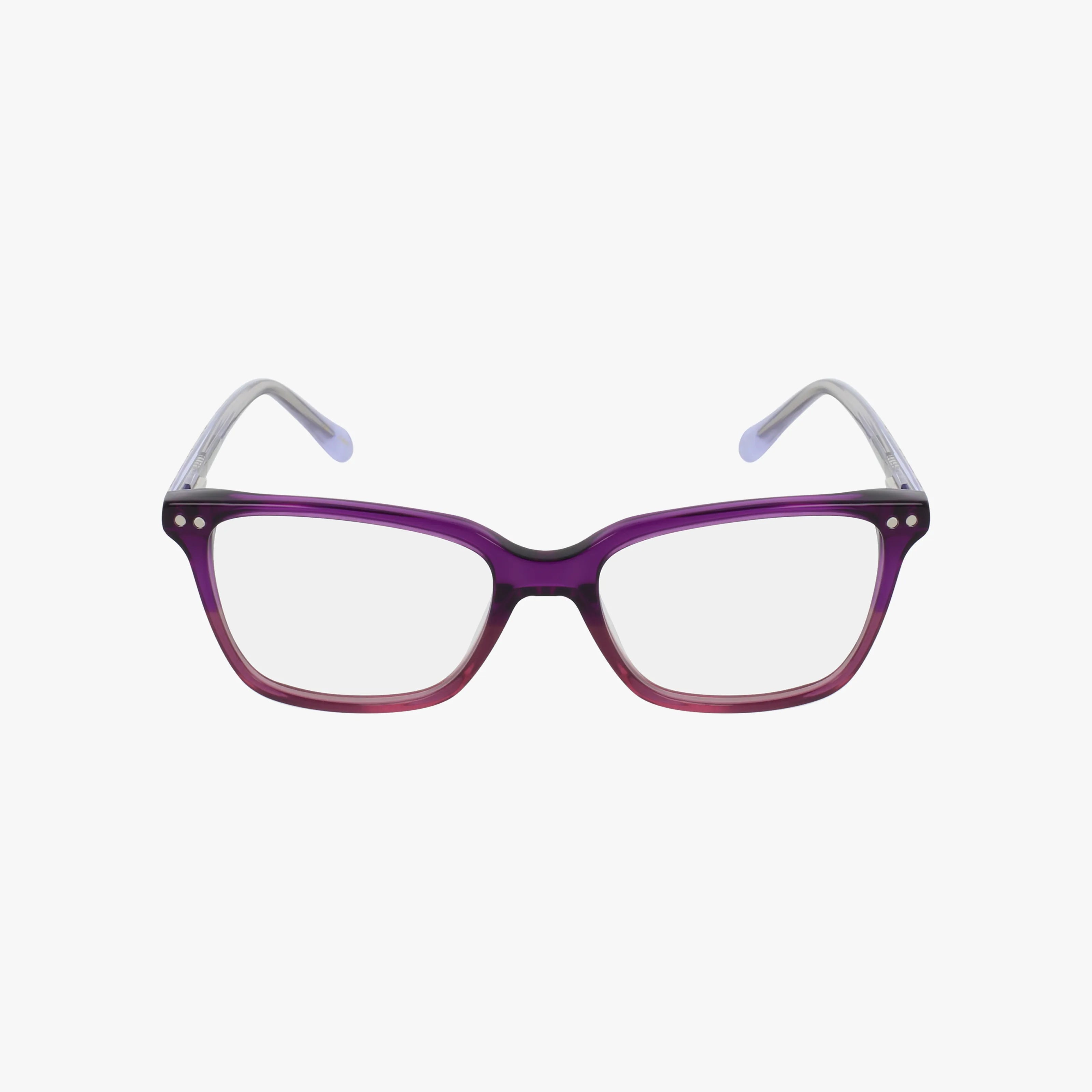LEXIE eyeglasses feature a purple and pink gradient rectangular frame with clear temple arms, displayed facing forward on a white background.