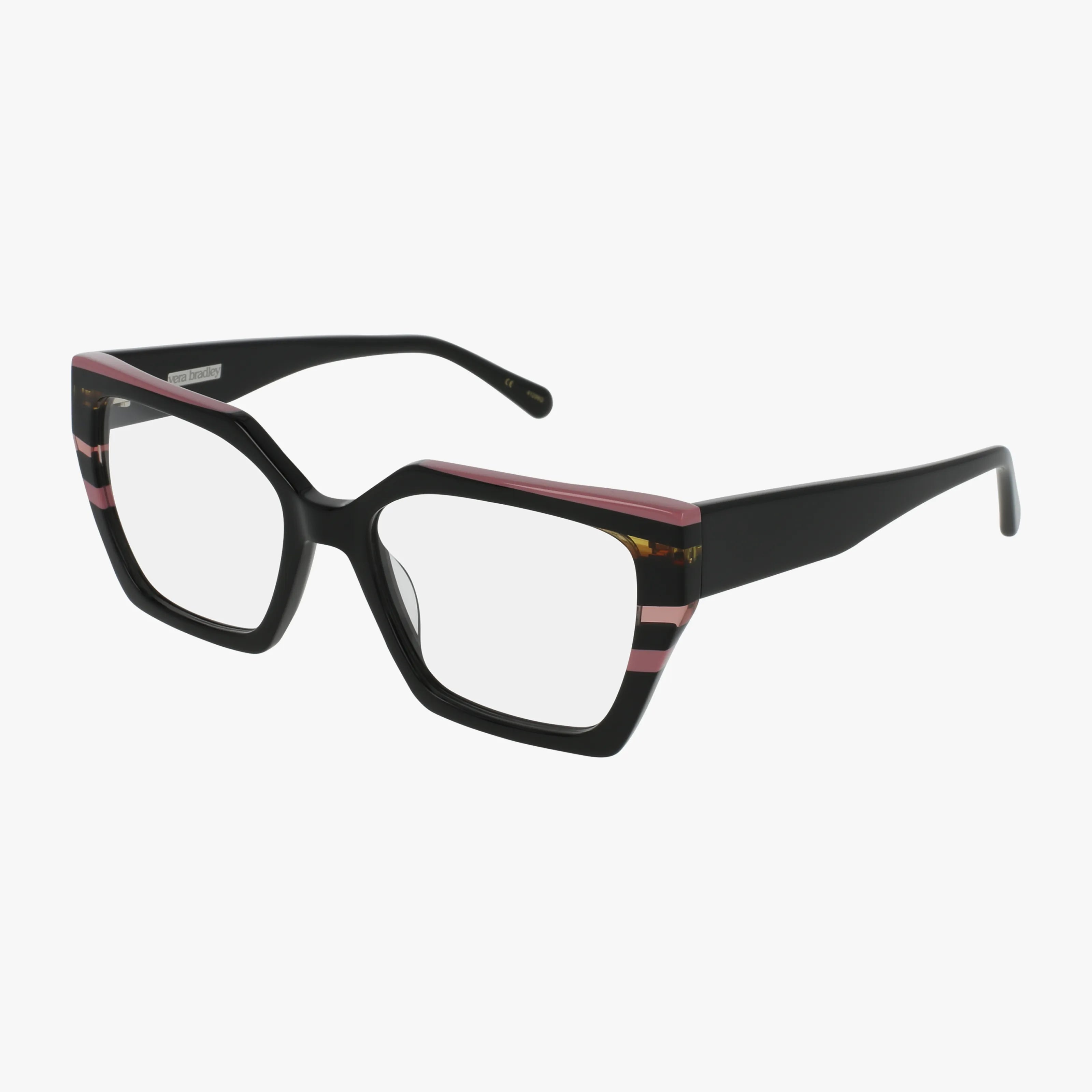 The ALLEGRA features black, oversized square eyeglasses with clear lenses and pink-brown horizontal stripes on the upper and lower frame, set against a white background.