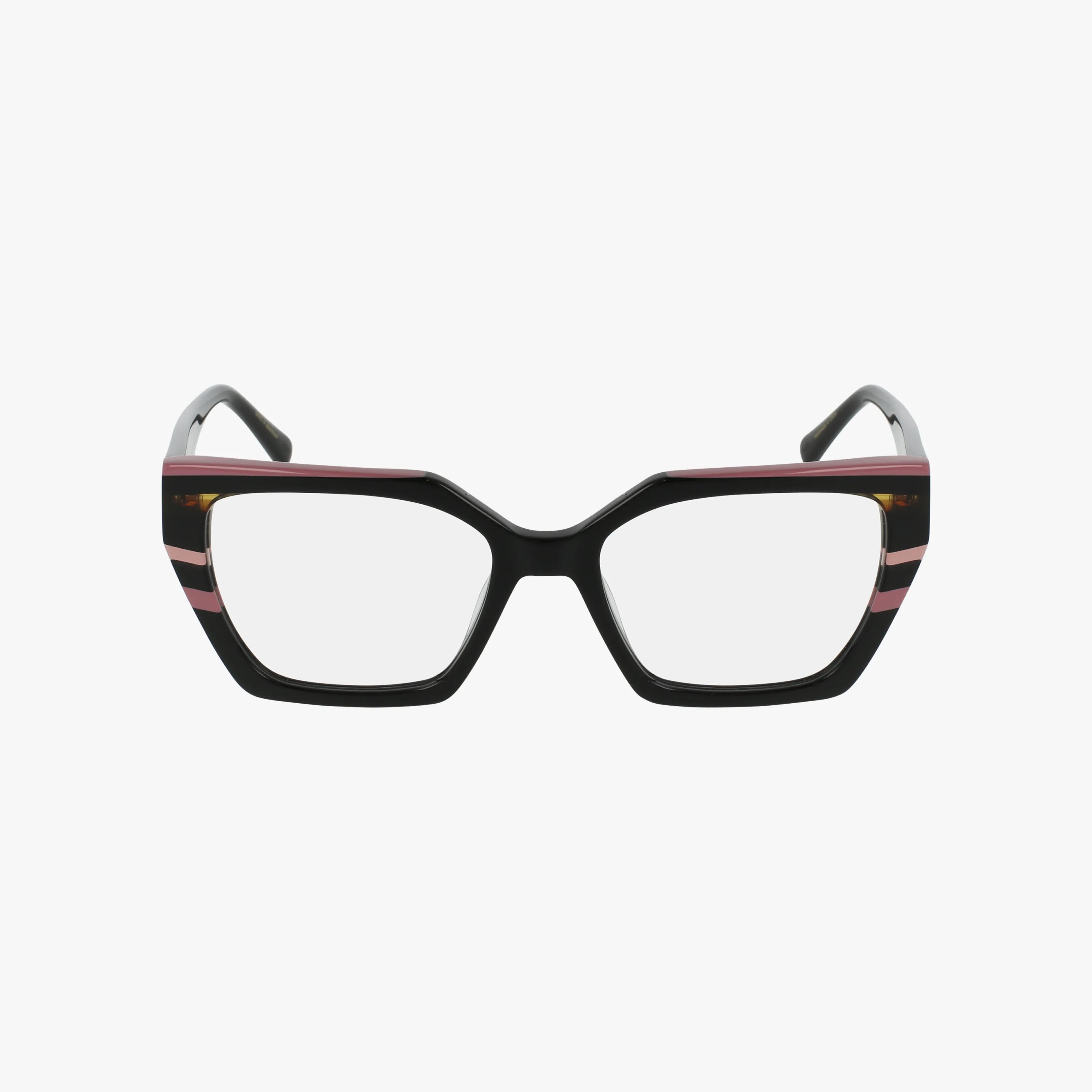 Front view of ALLEGRA black rectangular eyeglasses featuring pink stripes along the top and bottom edges of the frames, displayed on a plain white background.