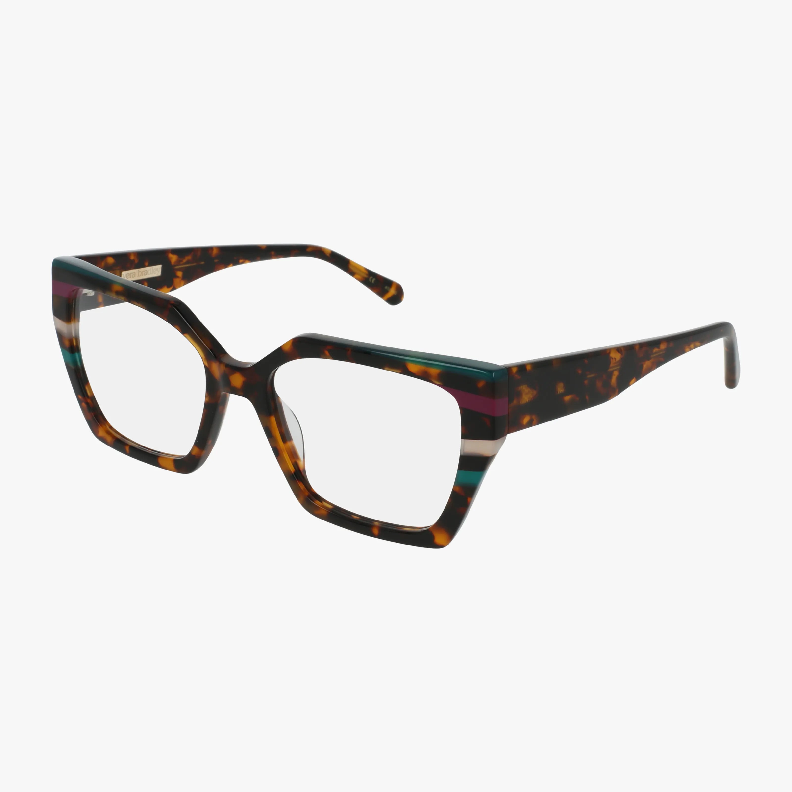 The ALLEGRA features oversized, square tortoiseshell frames with colored stripes on the temples, clear lenses, and a thick, bold design.