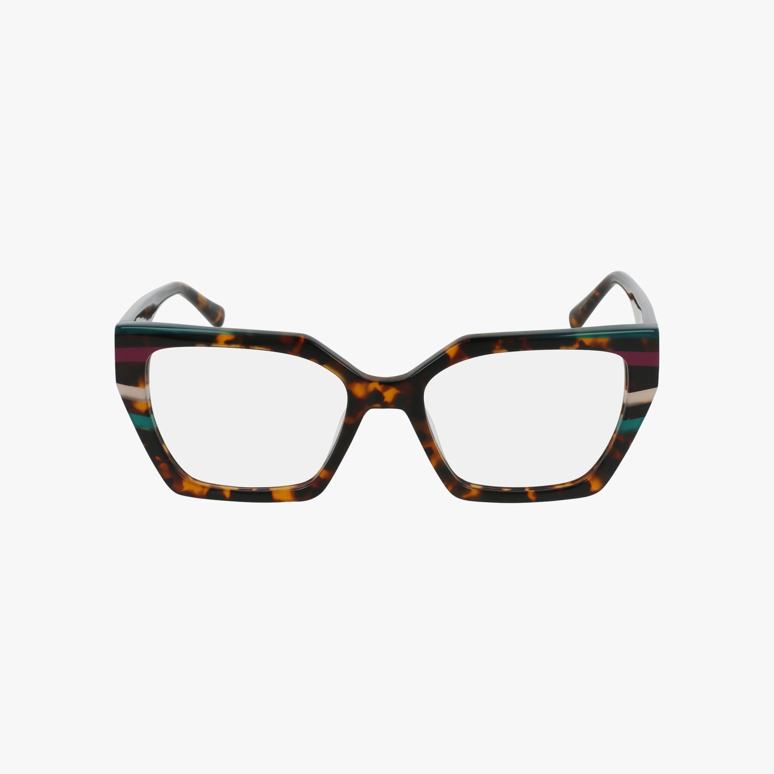 The ALLEGRA cat-eye eyeglasses feature brown tortoiseshell frames with bold green, red, and blue stripes across the top half, displayed on a plain white background.