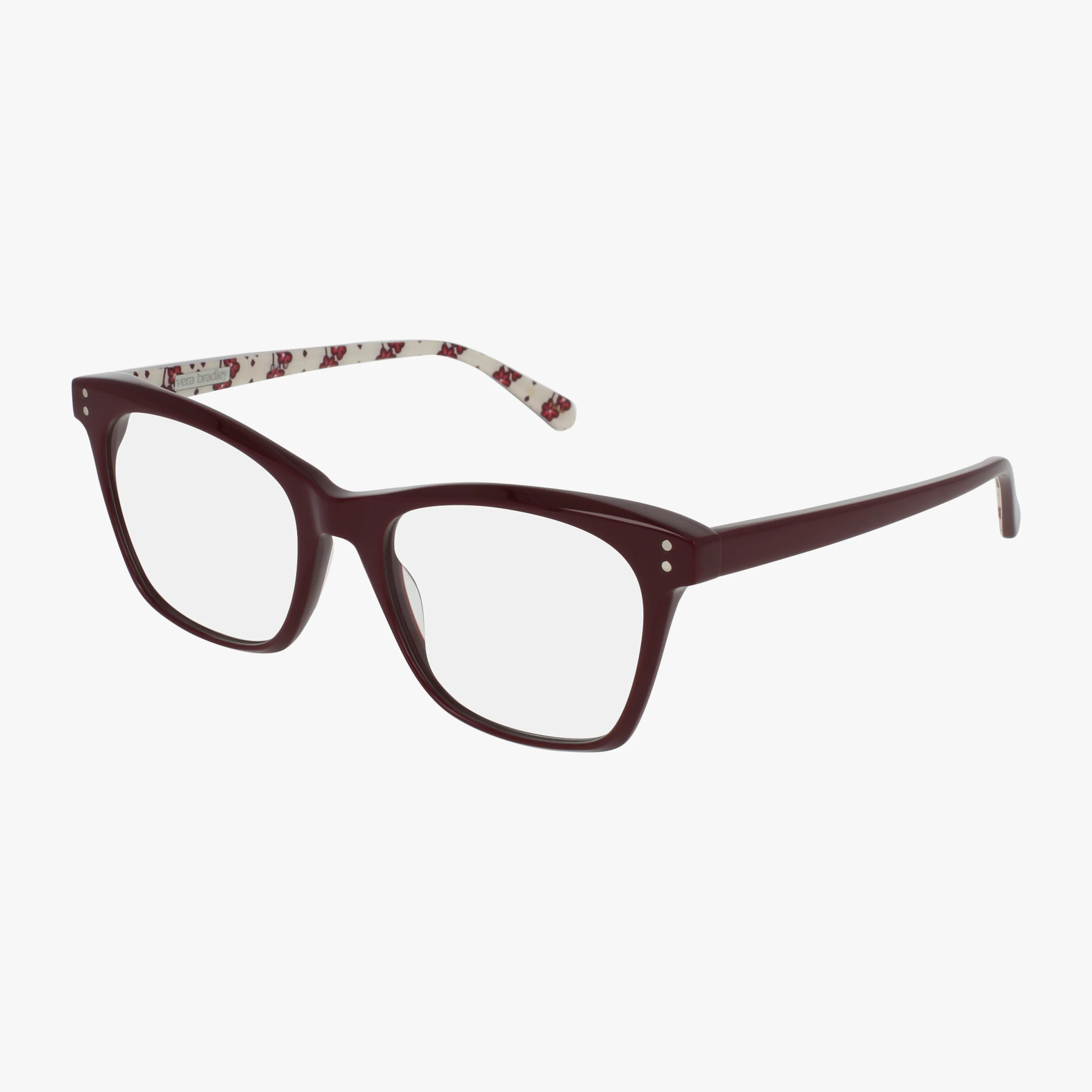 The MERIDIAN eyeglasses feature rectangular dark red frames and clear lenses, with inner arms showcasing a white base and red-black pattern. Displayed on a white background.