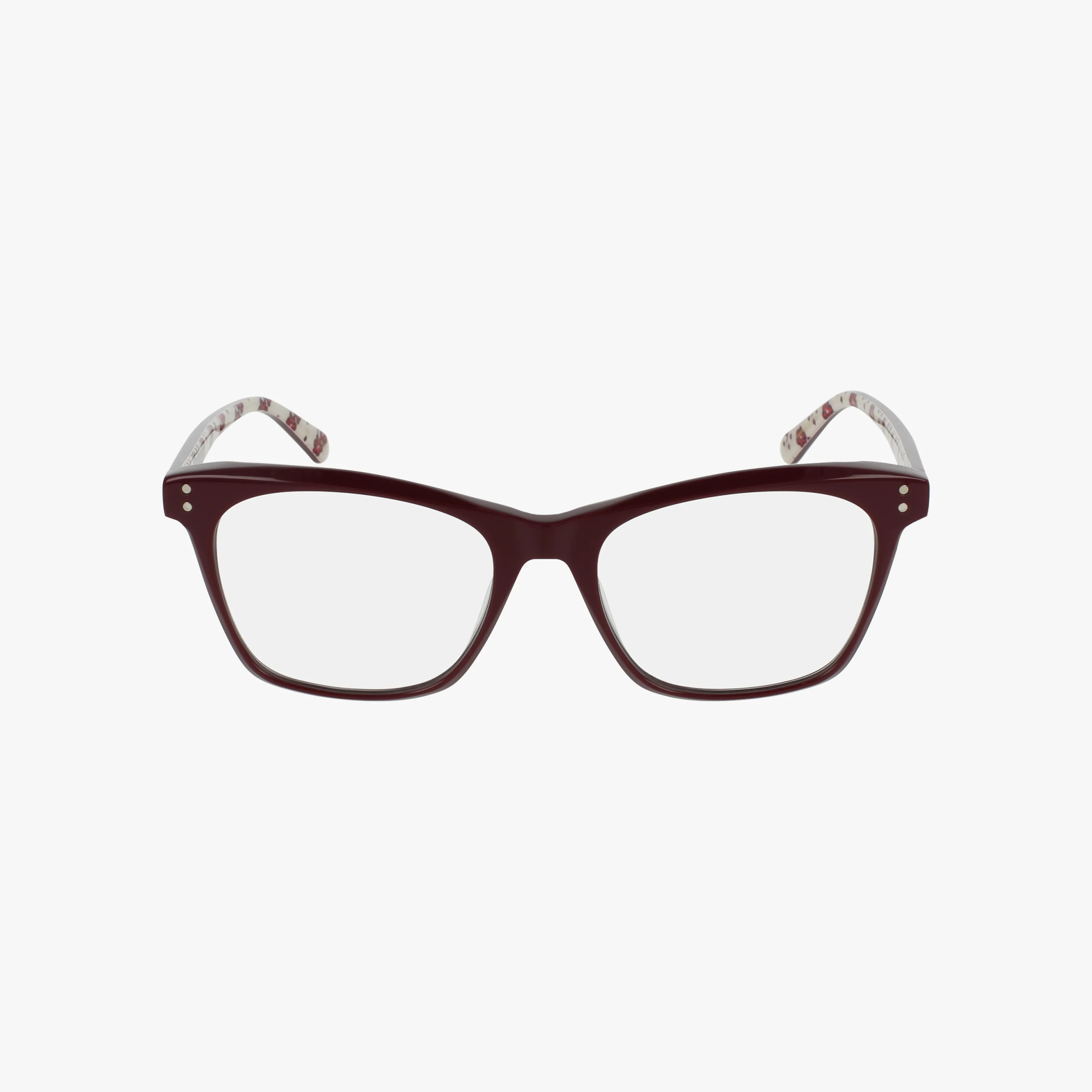 The MERIDIAN eyeglasses feature dark rectangular frames and clear lenses, with a patterned design on the inner sides of the temples. They are shown against a plain white background.