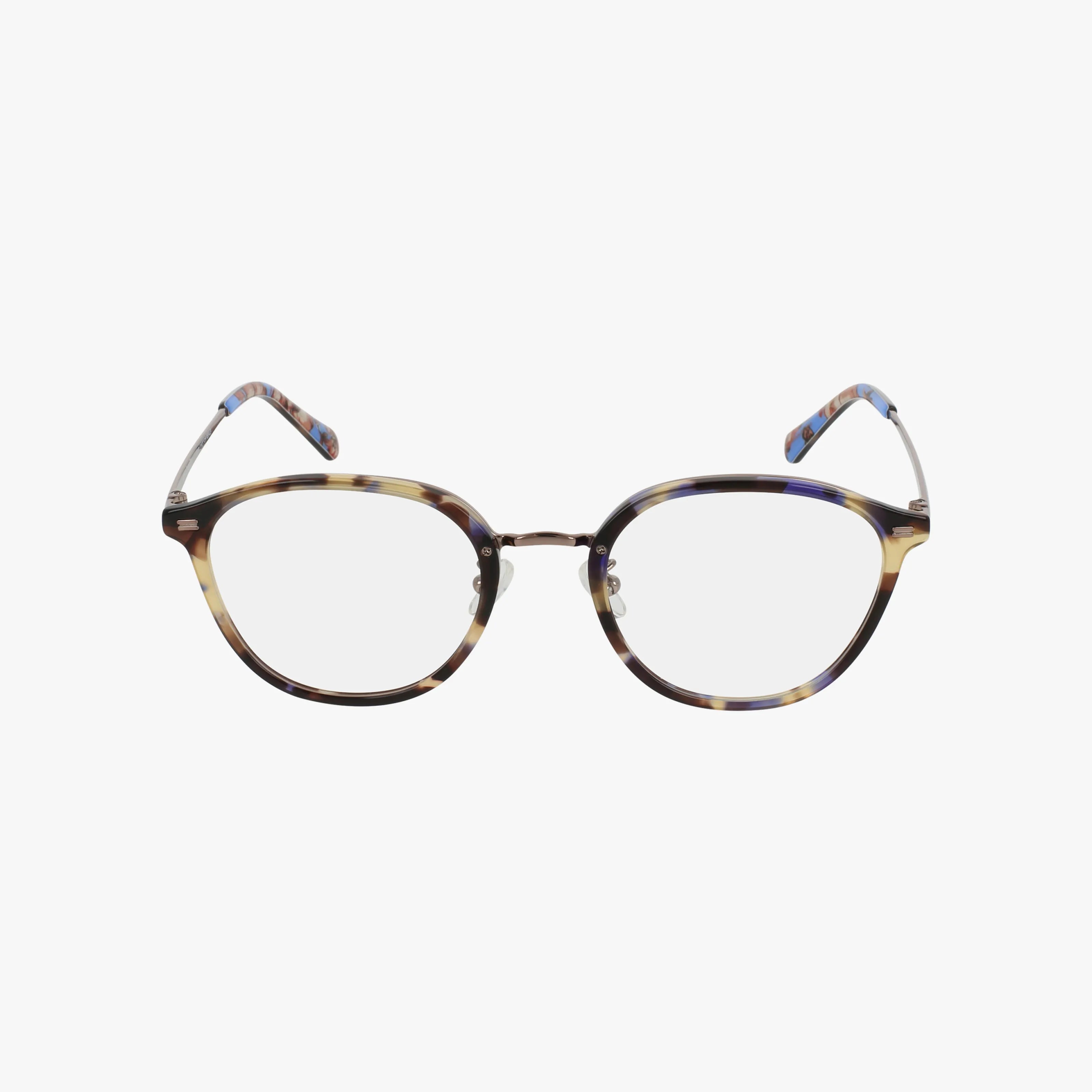 The KLEO eyeglasses feature an oval shape, a multicolored tortoiseshell frame, clear lenses, and metal nose pads, displayed on a white background.