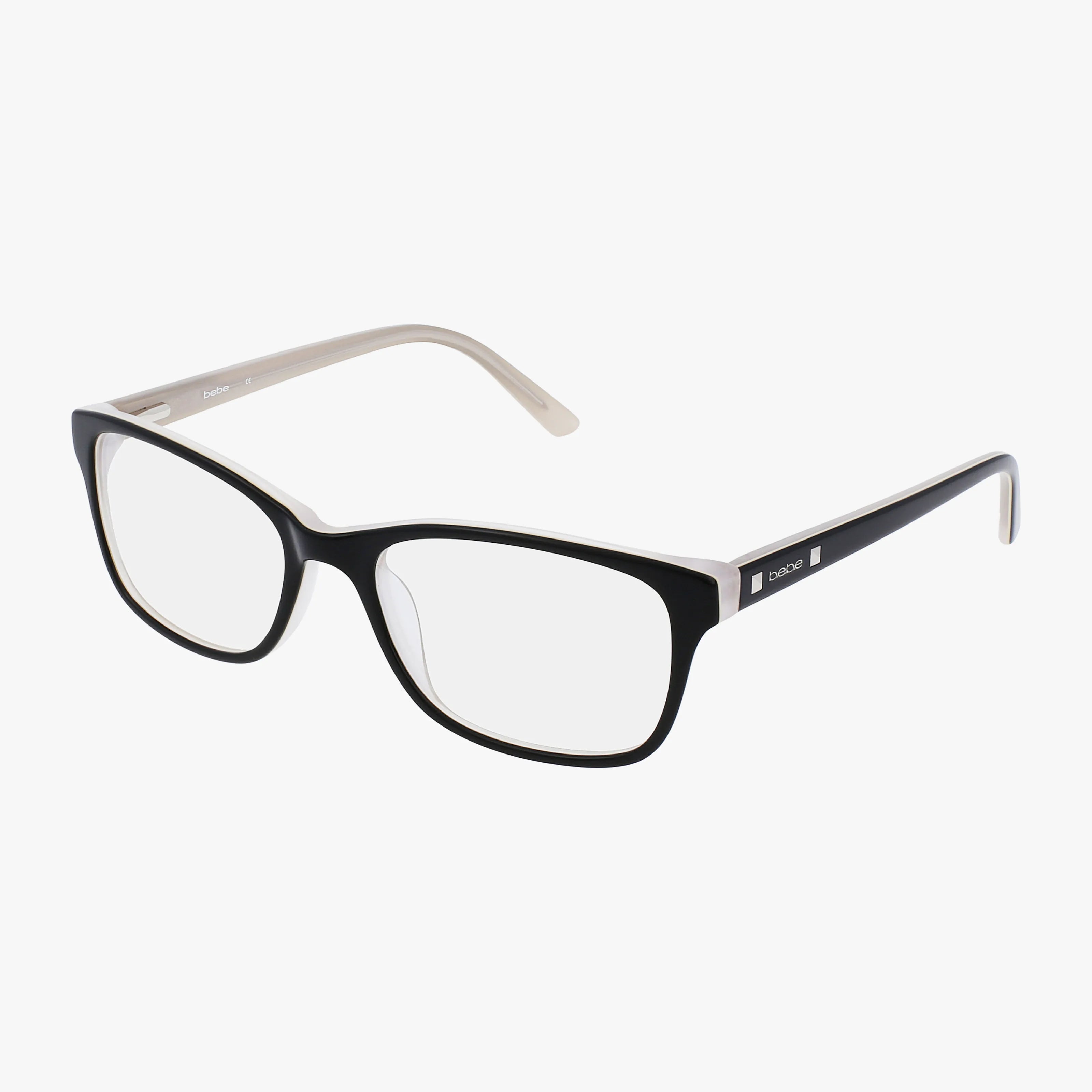The BB5075 features black rectangular frames with clear lenses, lightweight construction, and light beige inner arms, shown on a white background.