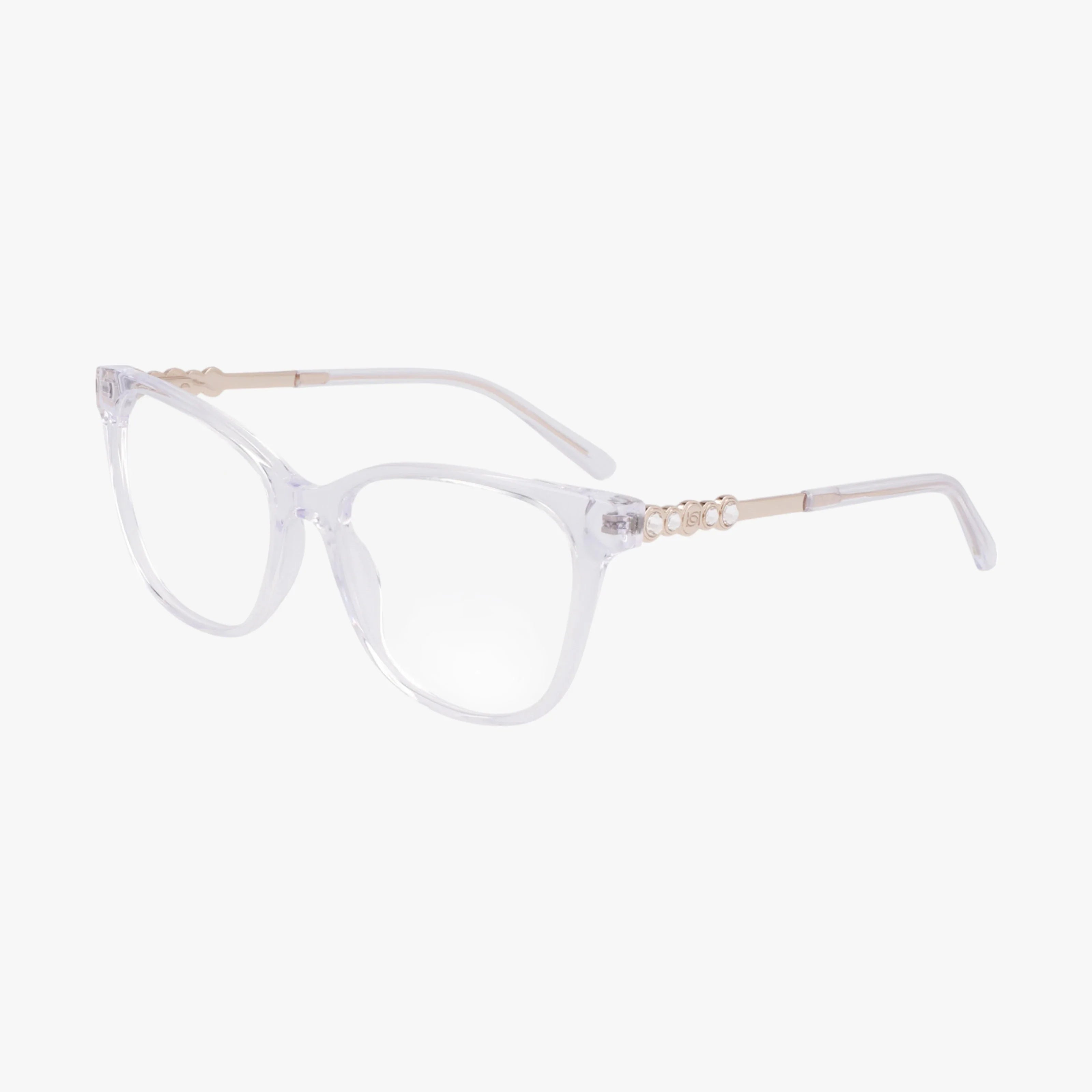 The BB5227 eyeglasses feature clear rectangular lenses, transparent frames, and gold metal arms with decorative hinge accents, combining unique style and function—shown on a plain white background.
