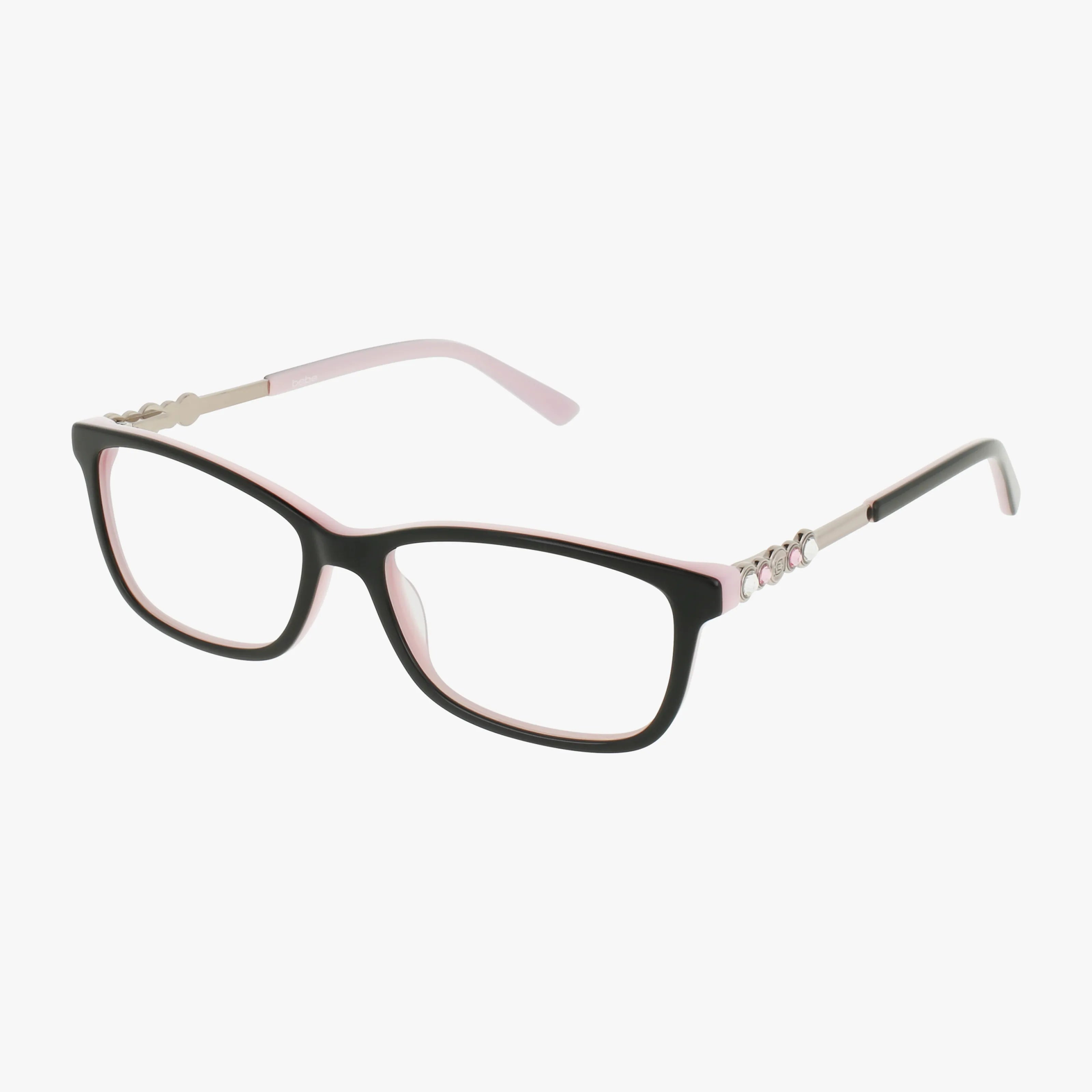 The BB5228 rectangular eyeglasses feature black outer edges, light pink inner arms, and gemstone-decorated temples—a striking choice for prescription lenses. Pictured on a white background.