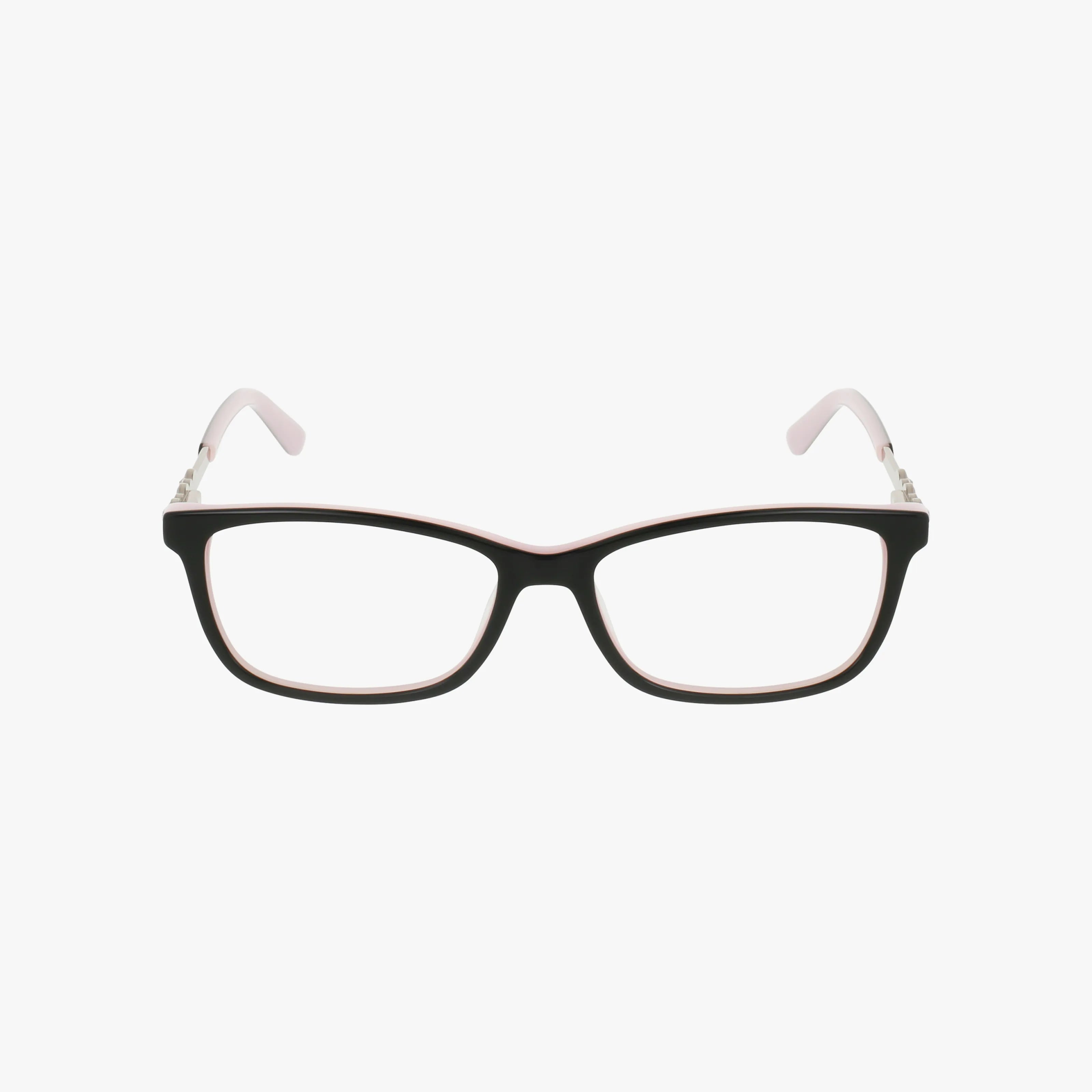BB5228 is a pair of rectangular black eyeglasses with prescription lenses and light pink inner arms, shown front-facing on a white background—a bold choice for standout style.