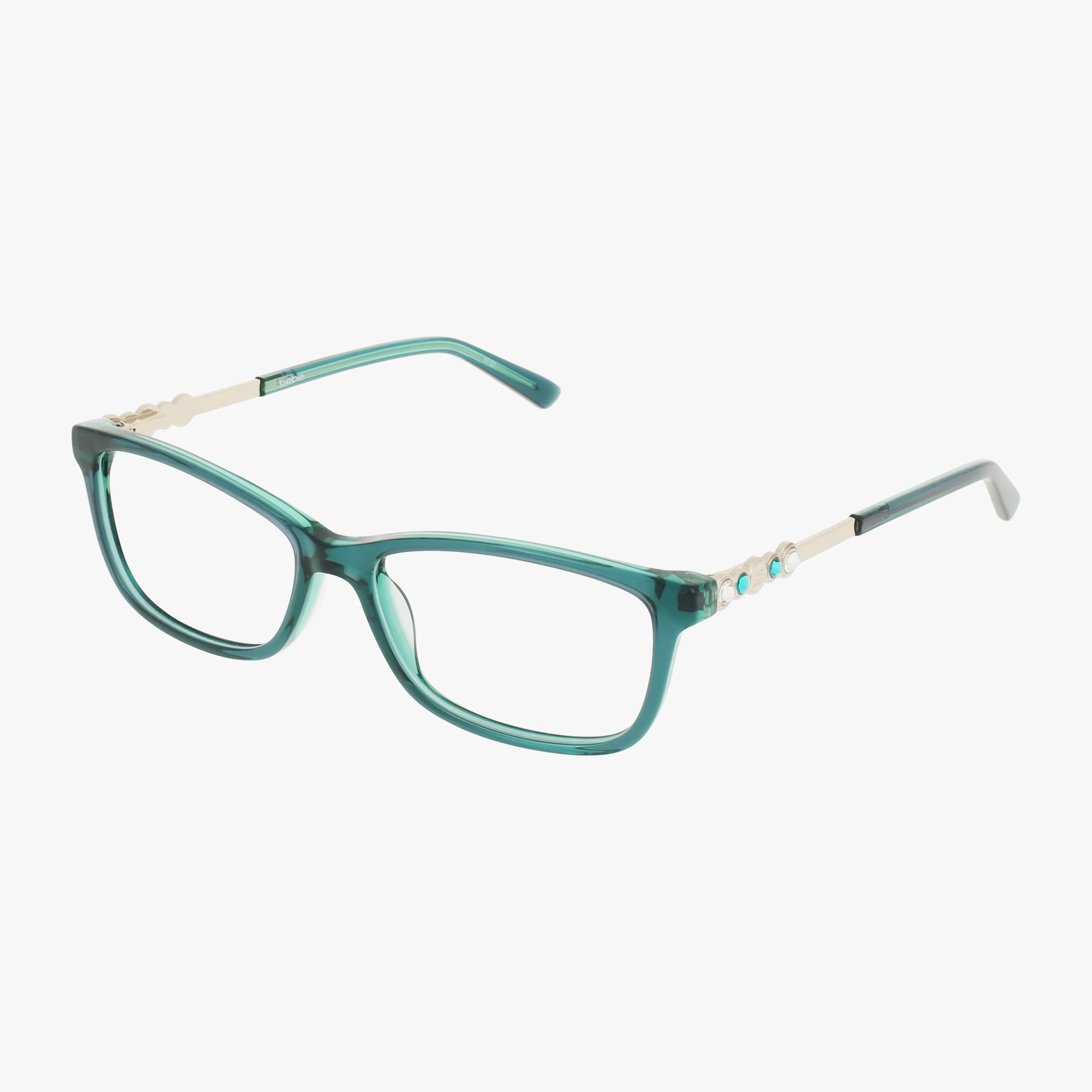The BB5228 features teal rectangular eyeglasses with a unique frame, silver temples, decorative arm accents, and clear lenses, shown on a white background.