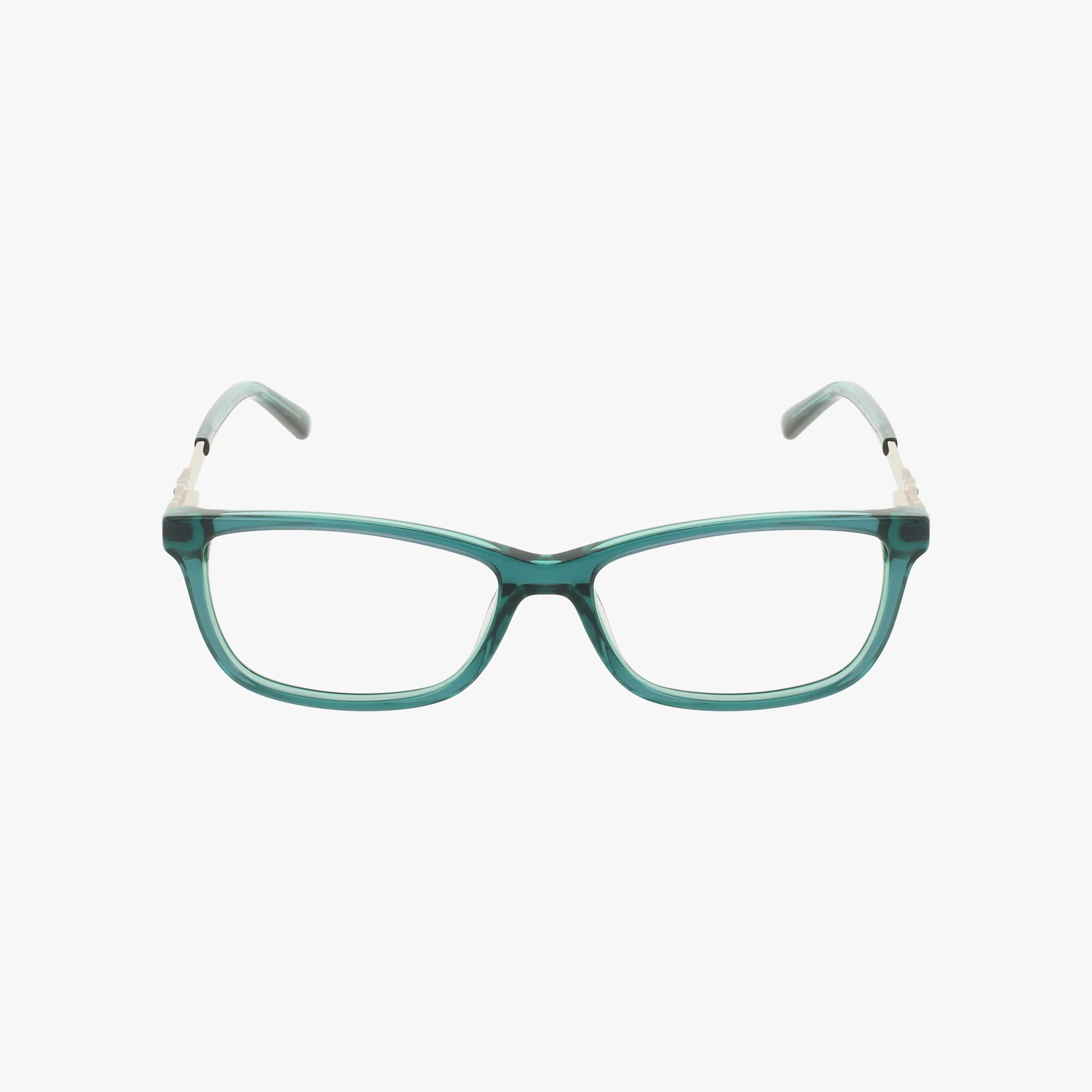 The BB5228 eyeglasses feature a unique teal rectangular frame with clear arms, shown against a plain white background.