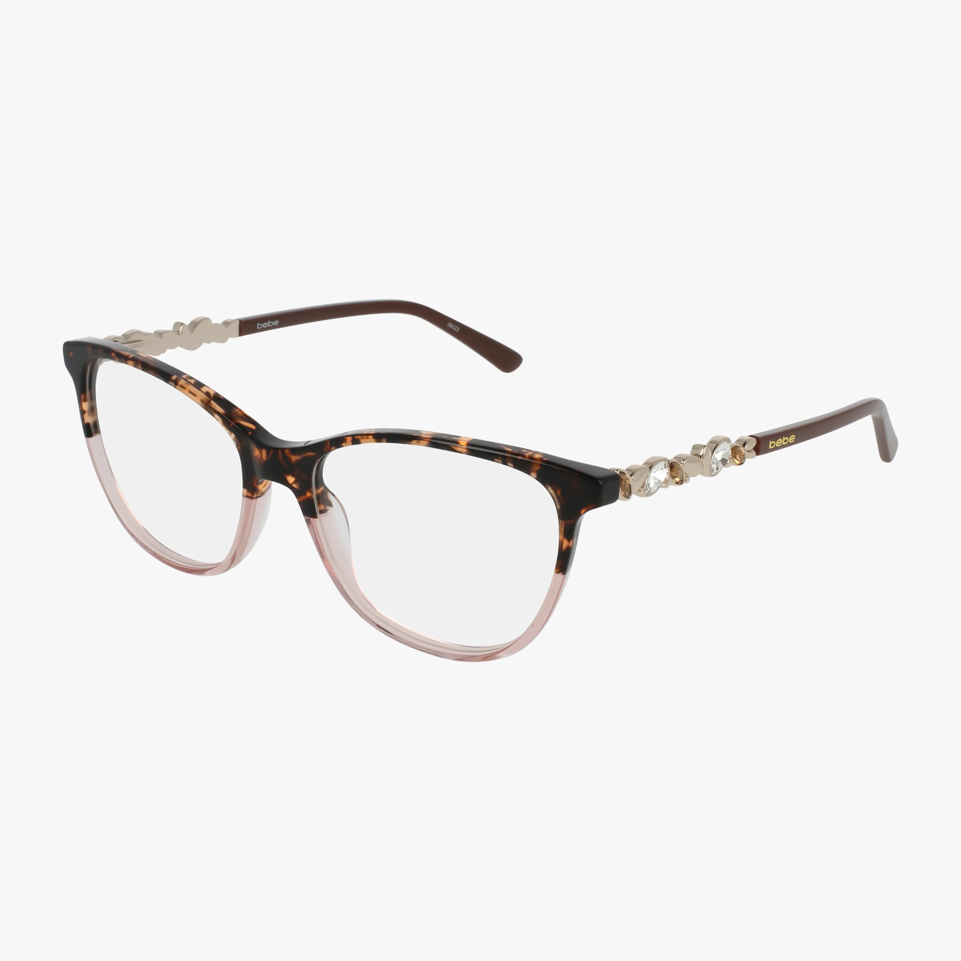 The BB5229 eyeglasses feature a lightweight tortoiseshell and light pink frame with gold floral temple accents. Clear lenses and elegant details give these glasses a chic, modern style ideal for contemporary eyewear lovers.