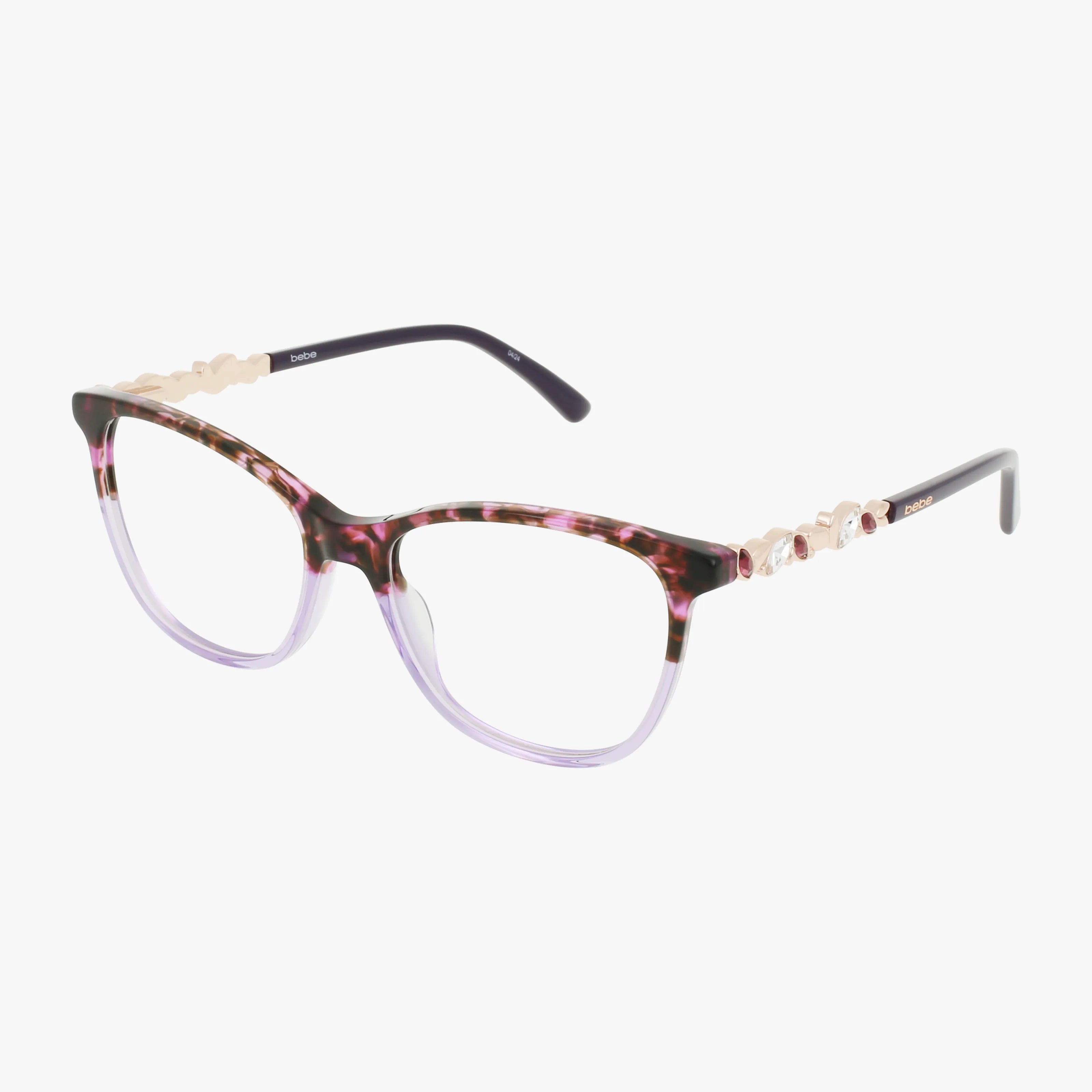 The BB5229 cat-eye eyeglasses feature purple tortoiseshell frames, gradient clear lower rims, and gold accents on the temples for a modern, lightweight look. Shop these stylish glasses online. Displayed on a white background.