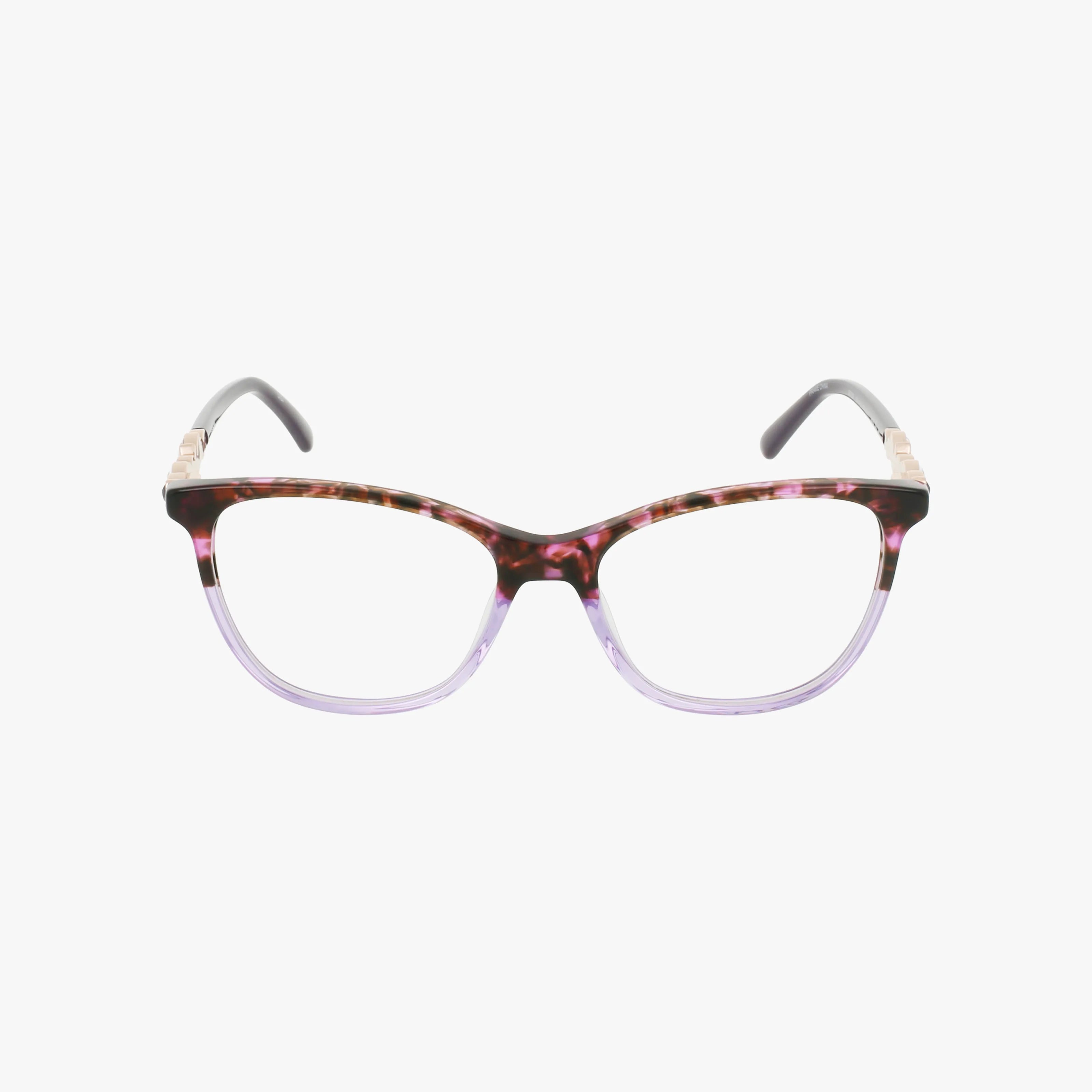 Front view of BB5229 cat-eye glasses featuring a tortoiseshell top, translucent light purple bottom, black temple tips, and a lightweight frame—ideal modern eyewear for those shopping for glasses online.