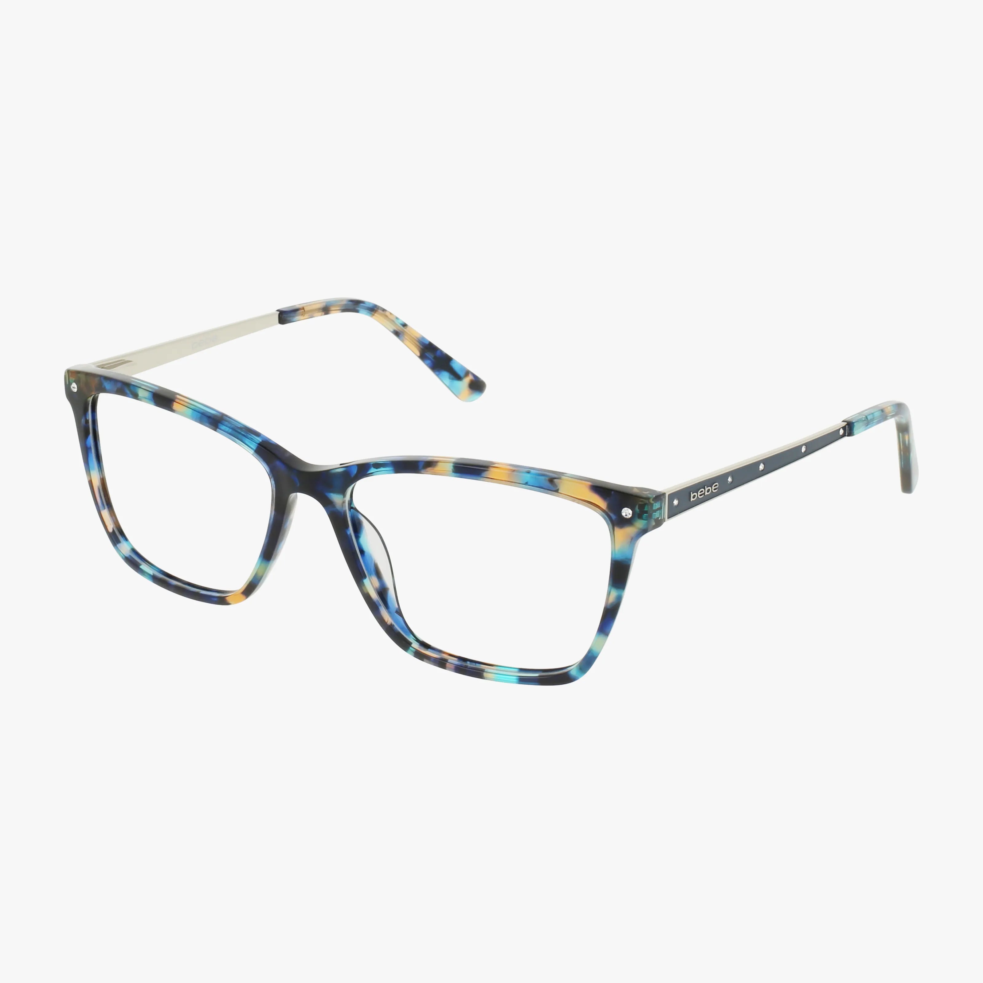 The BB5231 eyeglasses feature lightweight, rectangular frames with a colorful tortoiseshell pattern in blue, yellow, brown, and clear on both the frame and temples—shown against a plain white background.