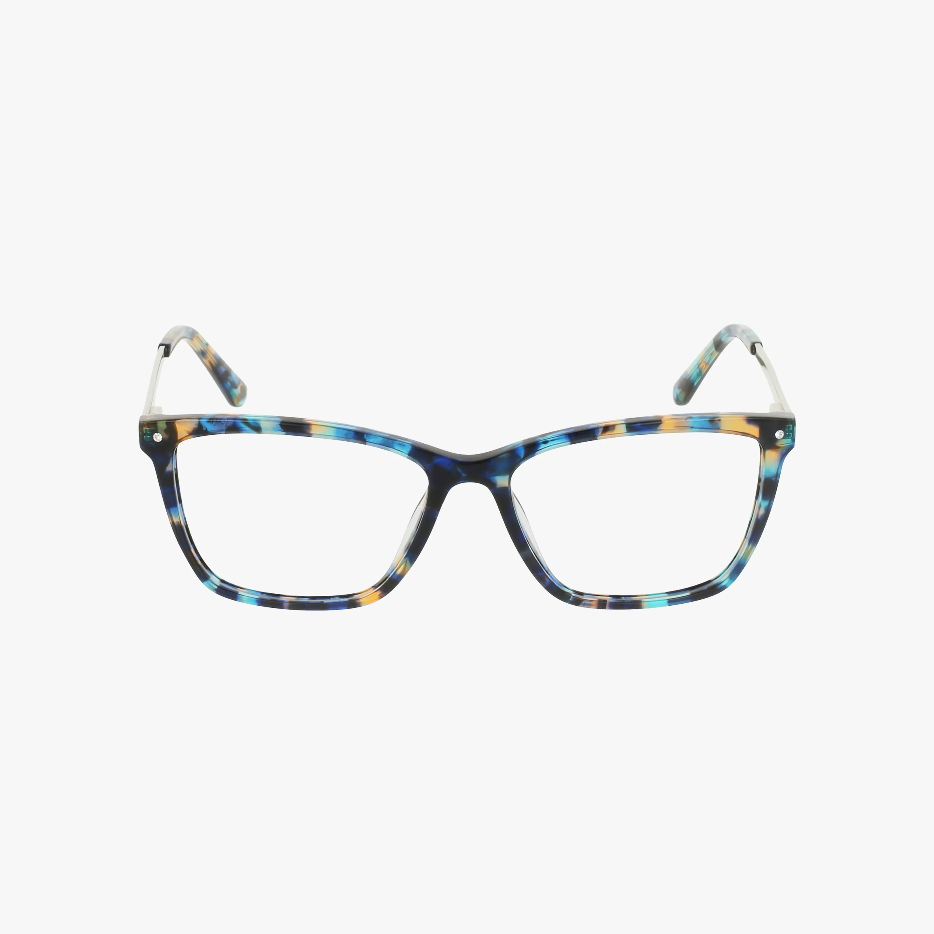 Front view of BB5231 rectangular eyeglasses with a multicolored tortoiseshell pattern in blue, yellow, and brown, featuring a lightweight design against a white background.