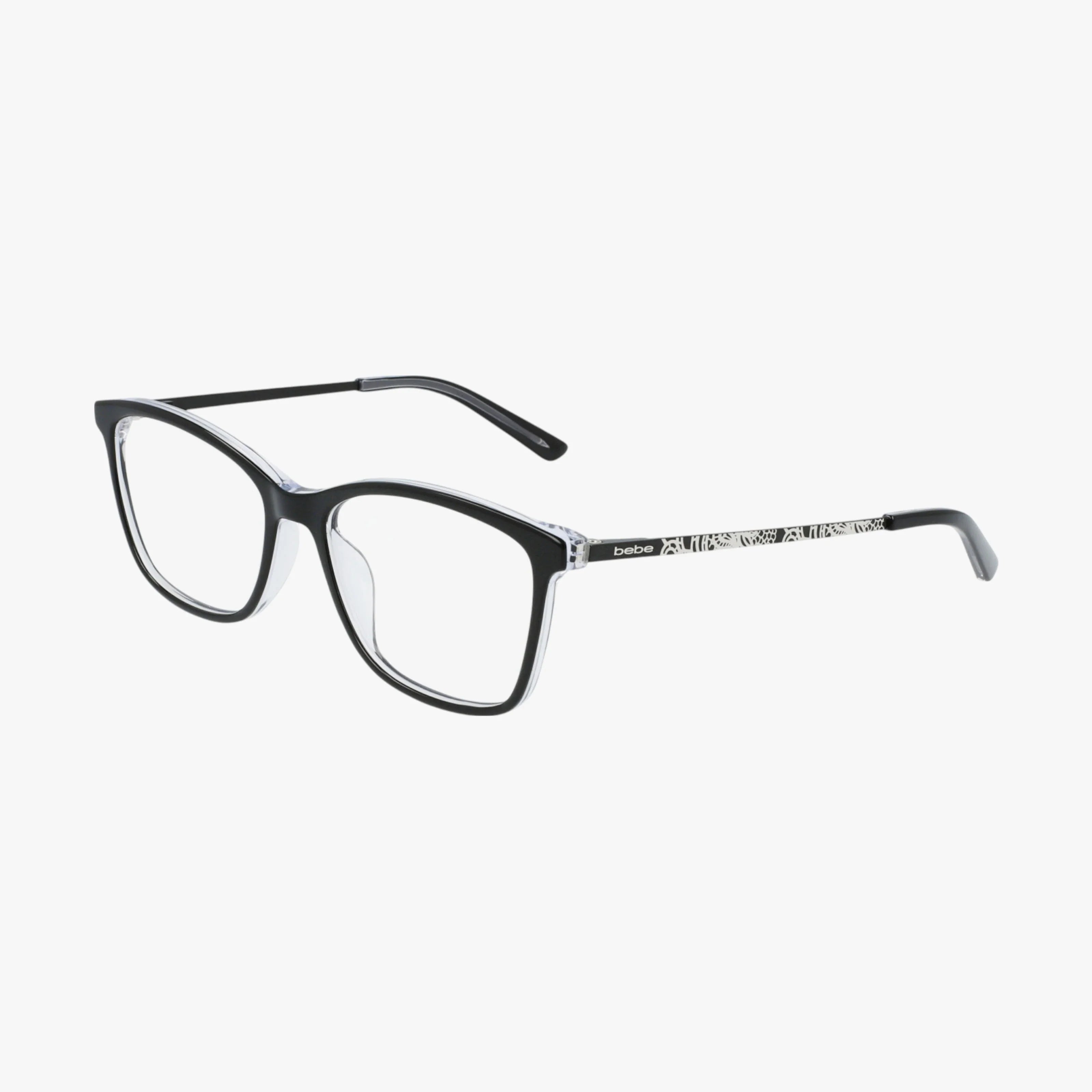 The BB5187 eyeglasses feature black frames with clear bottom rims and black-and-white patterned temples, combining style and durability in a polished design. Shown on a white background.