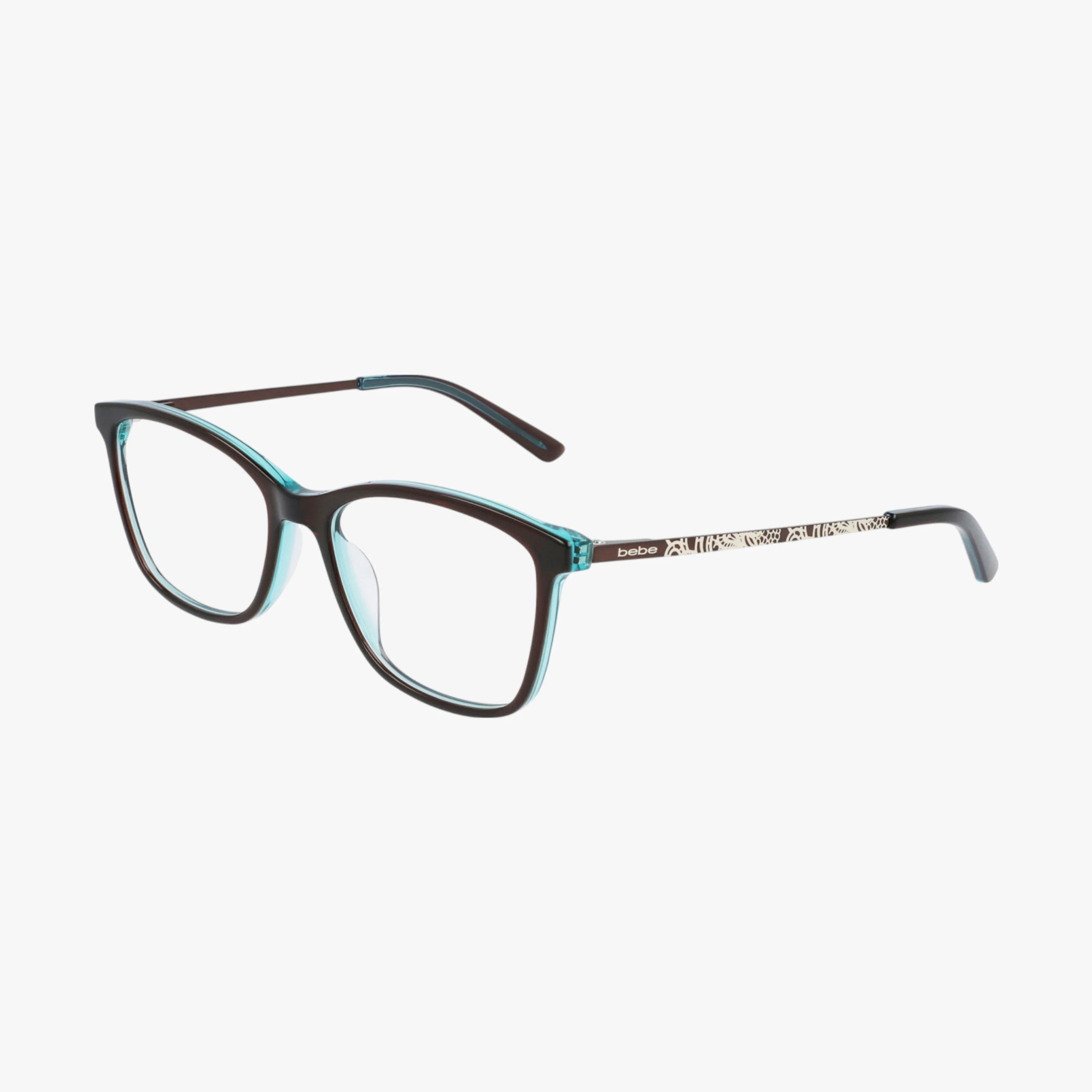 The BB5187 features rectangular eyeglasses with a polished black and teal frame, patterned temples, and black temple tips for added style and durability, displayed on a white background.