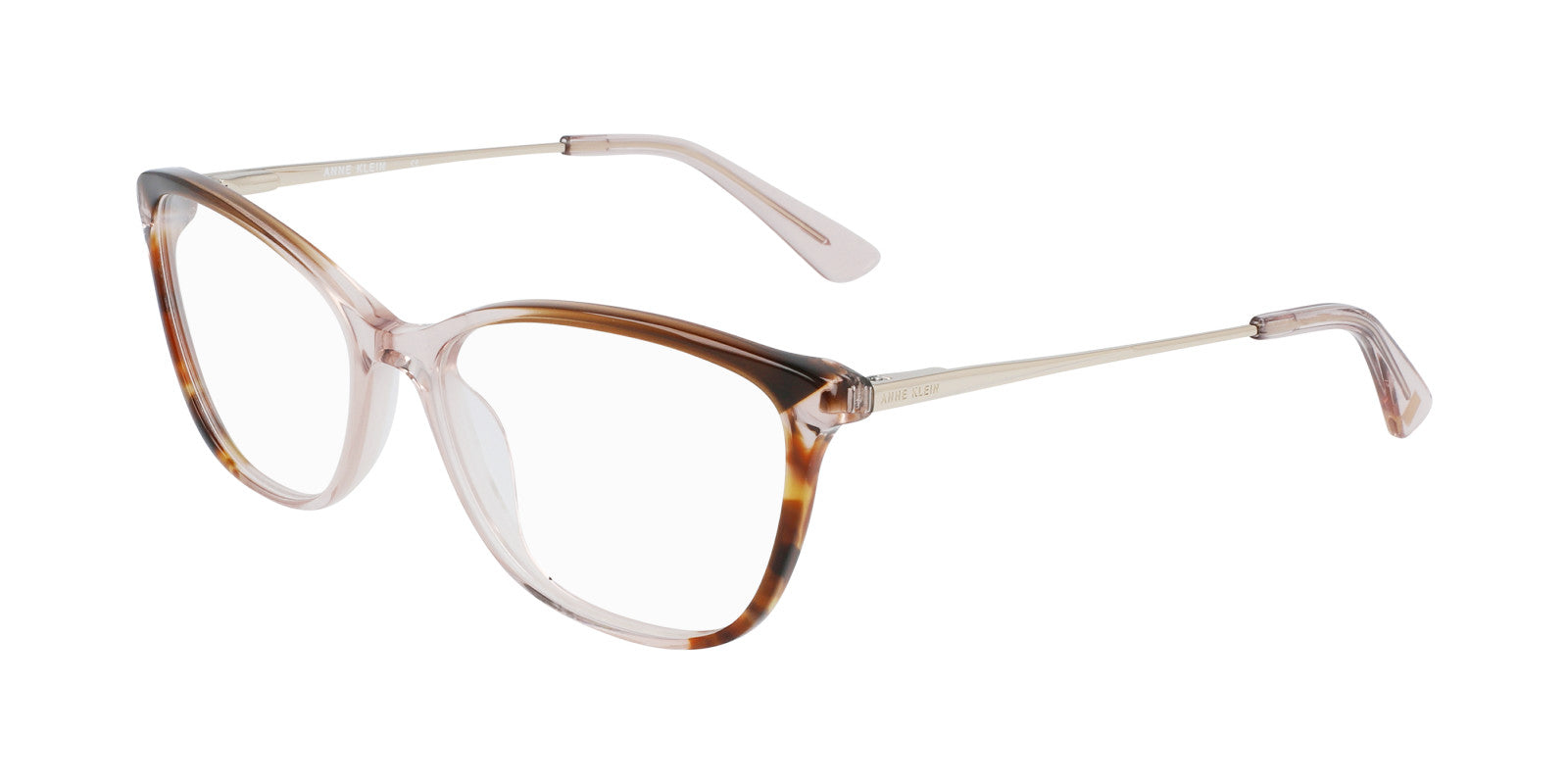 The AK5090 features a contemporary transparent light brown tortoiseshell frame with large, slightly cat-eye lenses—an ideal pair of stylish eyeglasses for daily wear, shown on a white background.