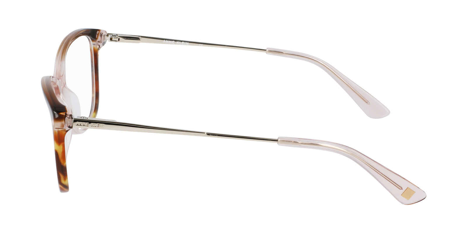 Side view of AK5090 eyeglasses featuring tortoiseshell-patterned rims, gold metal arms, and translucent pink end tips. This contemporary frame offers a stylish and functional look, perfect for daily wear.