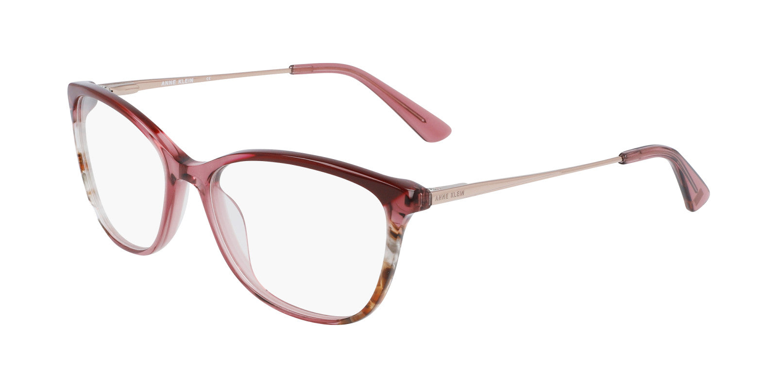 The AK5090 eyeglasses feature large, rounded, translucent pink and brown gradient frames with thin light pink arms, perfect for daily wear and shown on a white background.