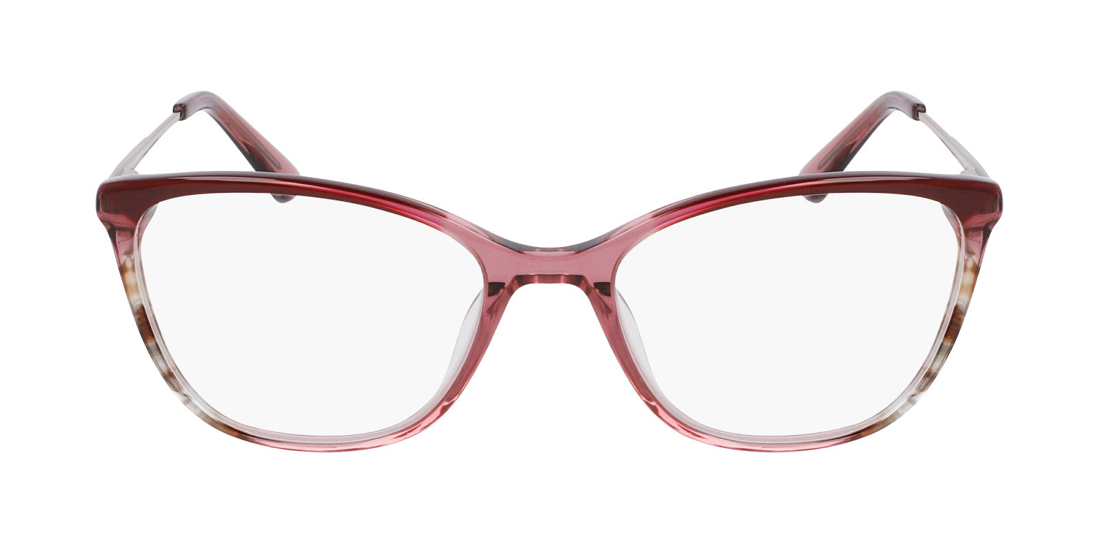 The AK5090 eyeglasses feature a contemporary cat-eye shape with translucent pink and brown gradient frames, displayed against a white background.