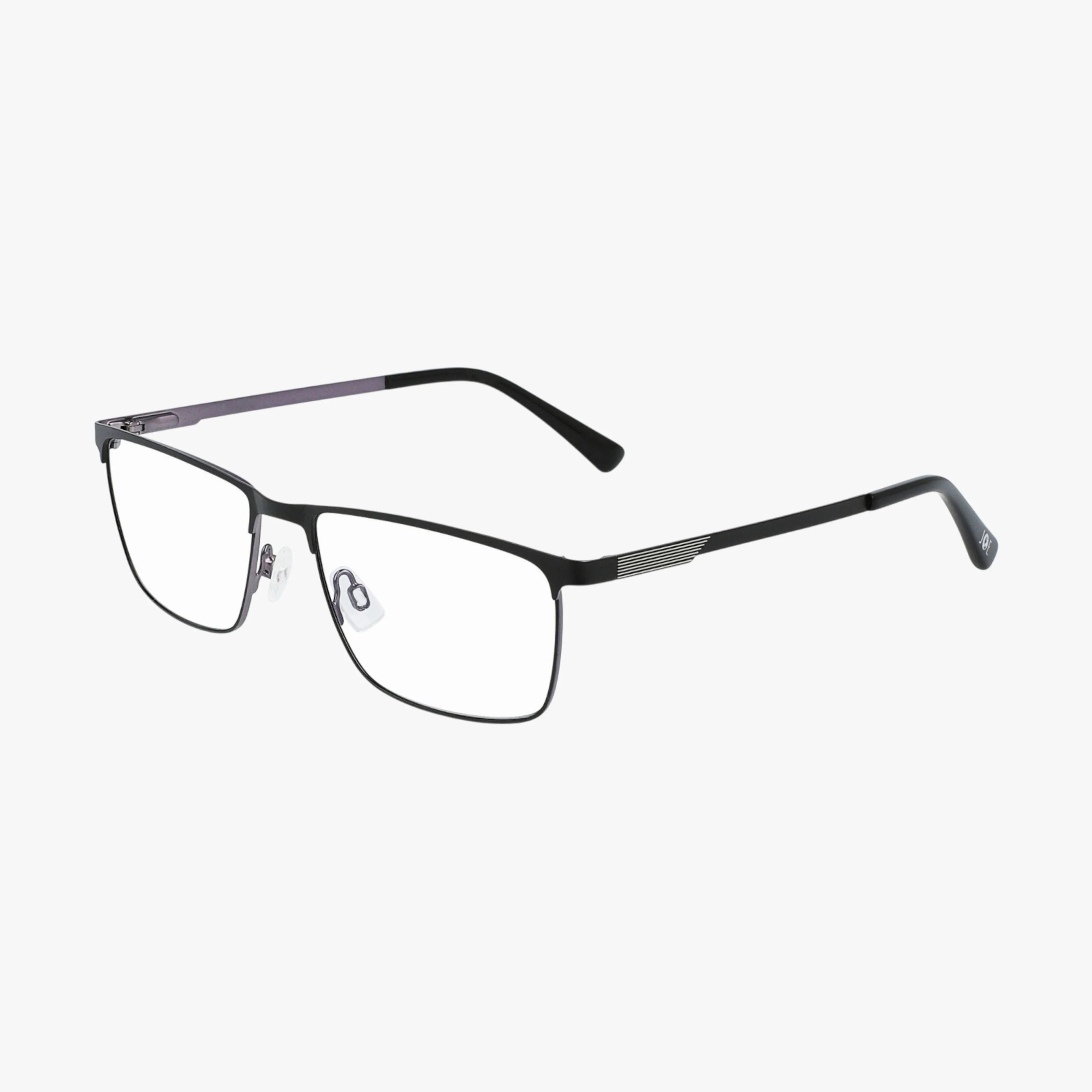 The JOE4092 features black rectangular eyeglasses with thin metal frames, adjustable nose pads, and straight temples for a sleek, modern look—ideal for classic style seekers. Displayed on a white background.